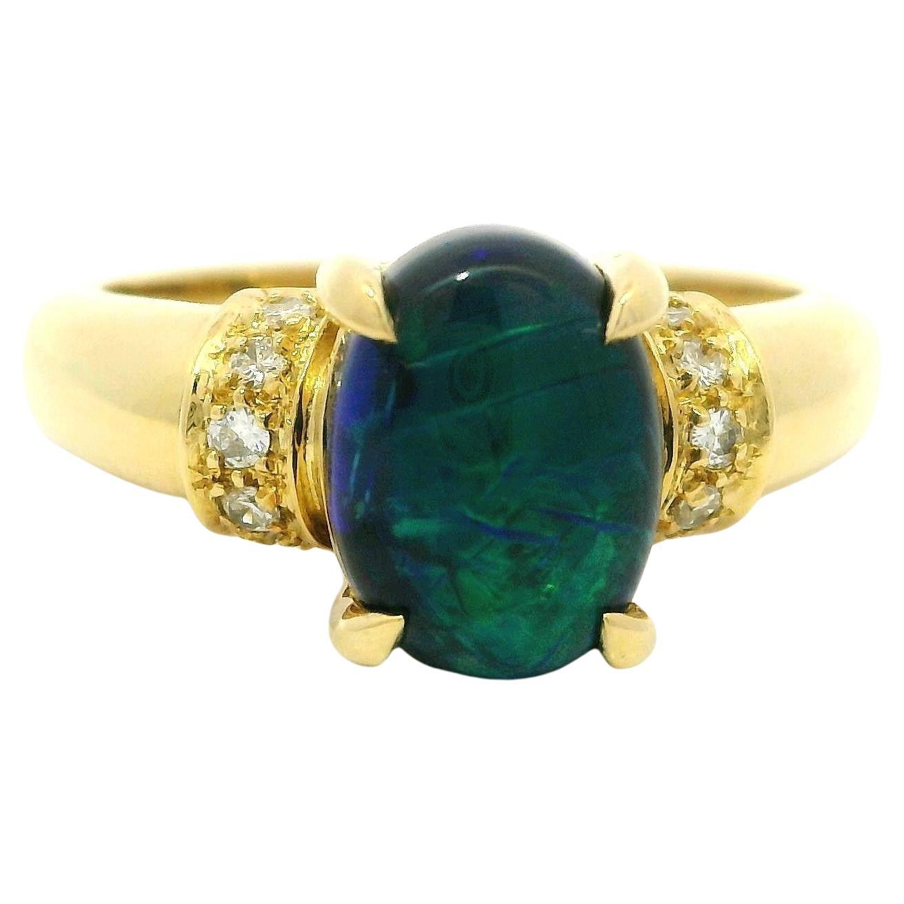 Solid 18k Yellow Gold GIA 2.15ct Oval Cabochon Black Opal Diamond Cocktail Ring For Sale