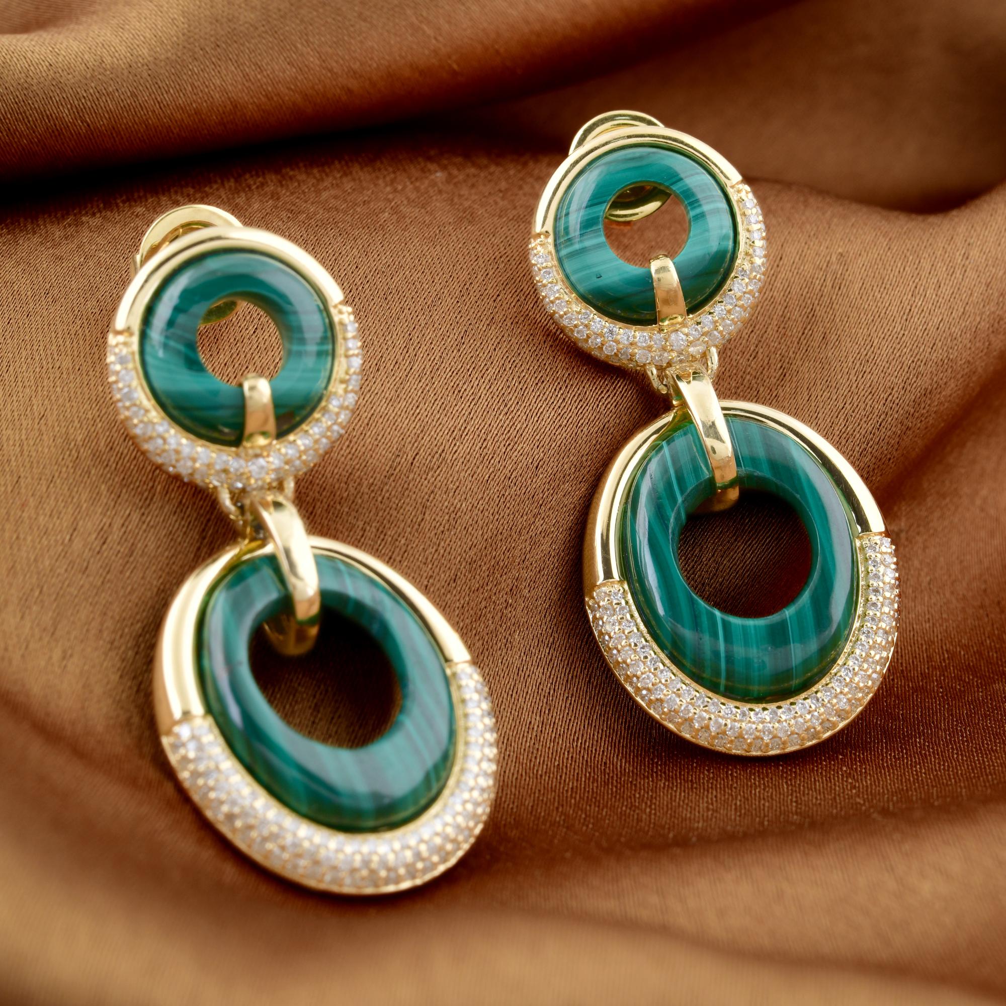 Modern Solid 18k Yellow Gold Malachite Gemstone Dangle Earrings Pave Diamond Jewelry For Sale