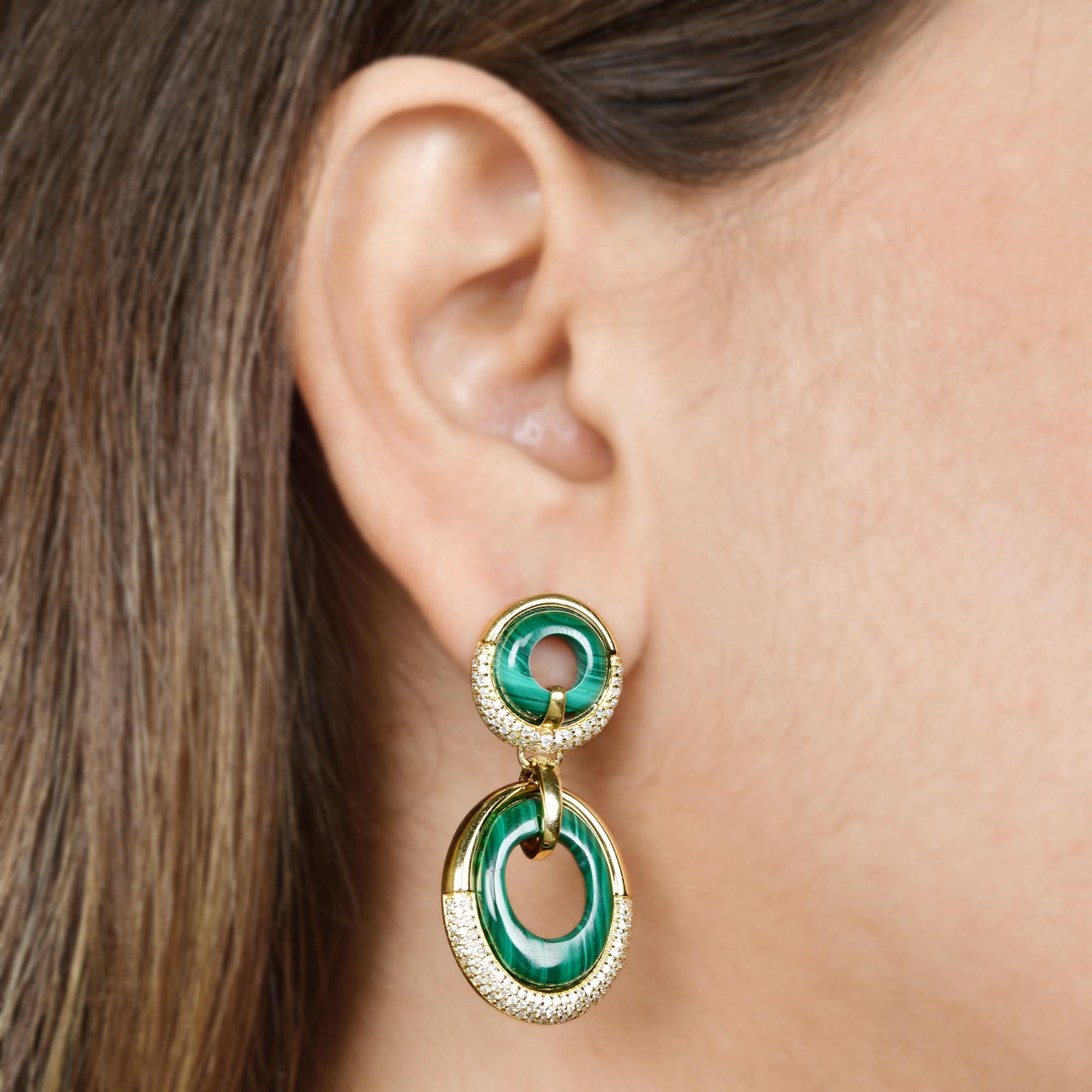 Round Cut Solid 18k Yellow Gold Malachite Gemstone Dangle Earrings Pave Diamond Jewelry For Sale