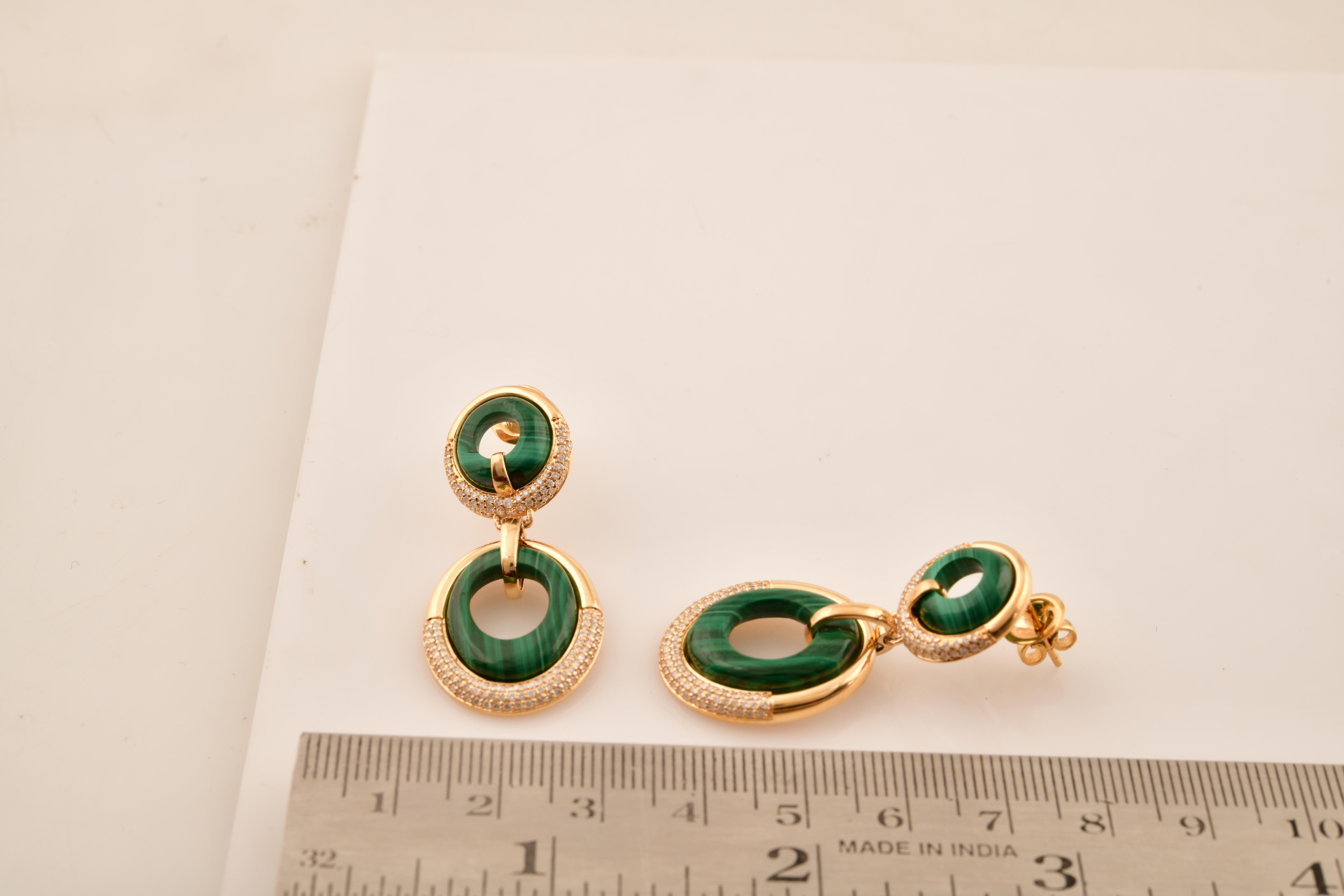Modern Solid 18k Yellow Gold Malachite Gemstone Dangle Earrings Pave Diamond Jewelry For Sale