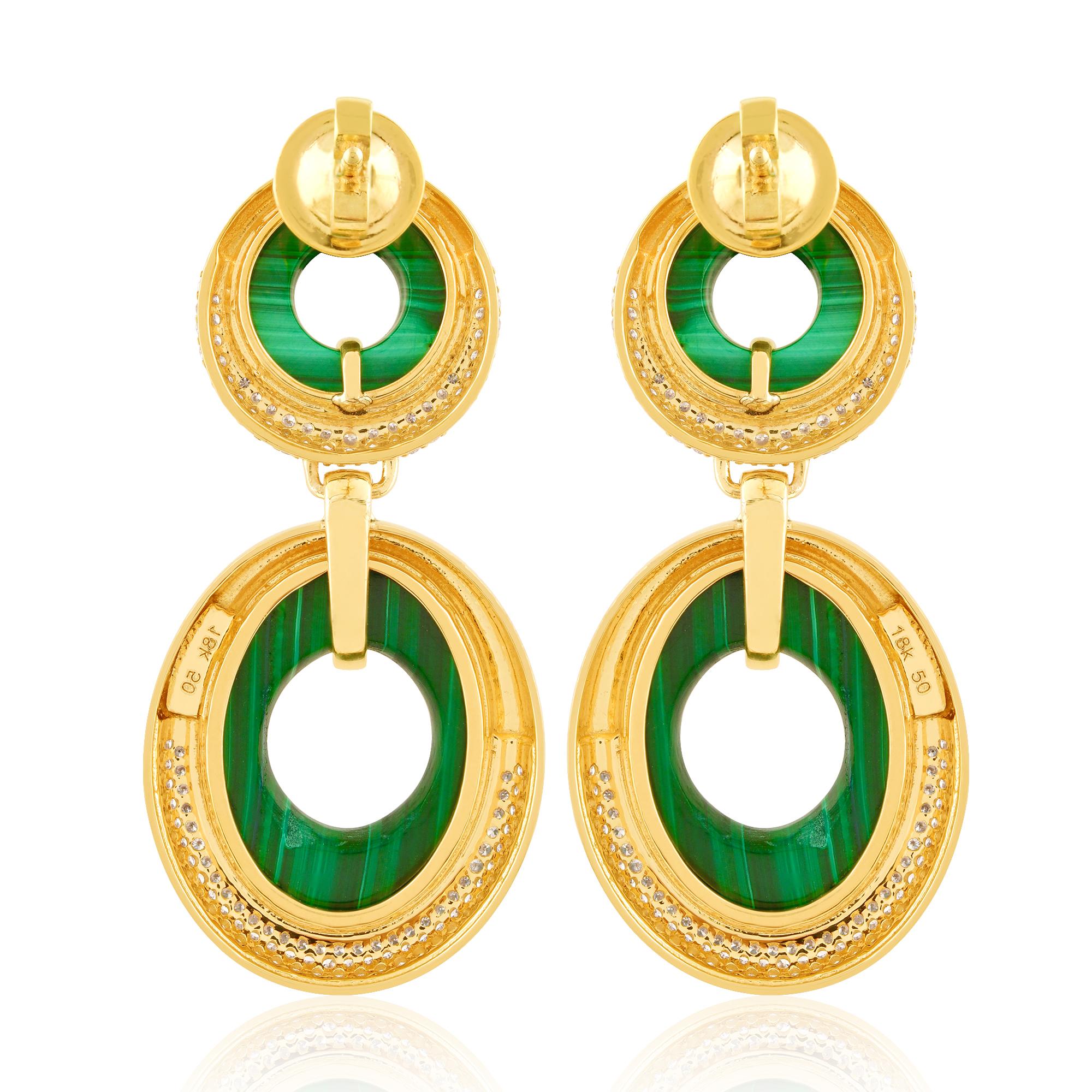 Round Cut Solid 18k Yellow Gold Malachite Gemstone Dangle Earrings Pave Diamond Jewelry For Sale