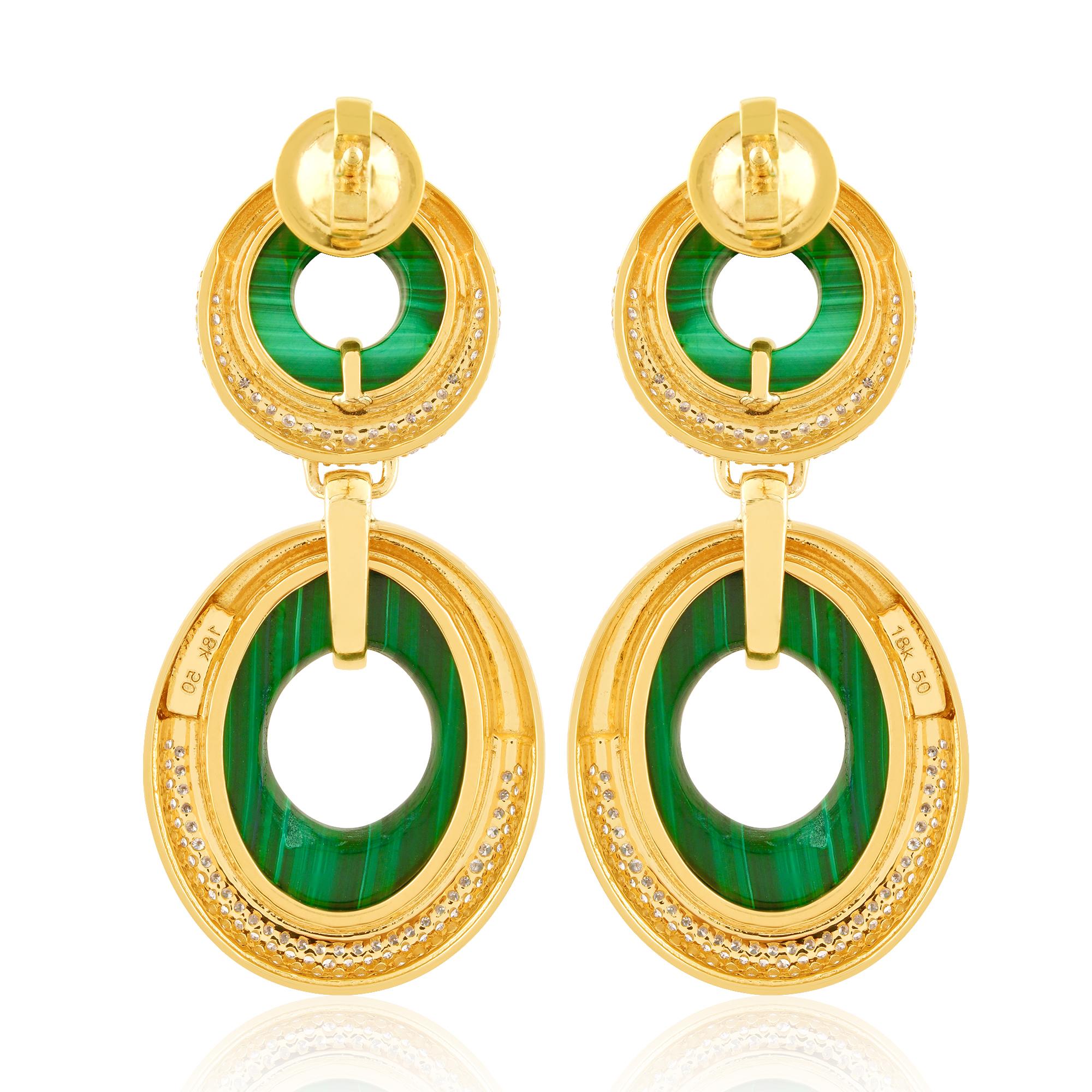 Women's Solid 18k Yellow Gold Malachite Gemstone Dangle Earrings Pave Diamond Jewelry For Sale