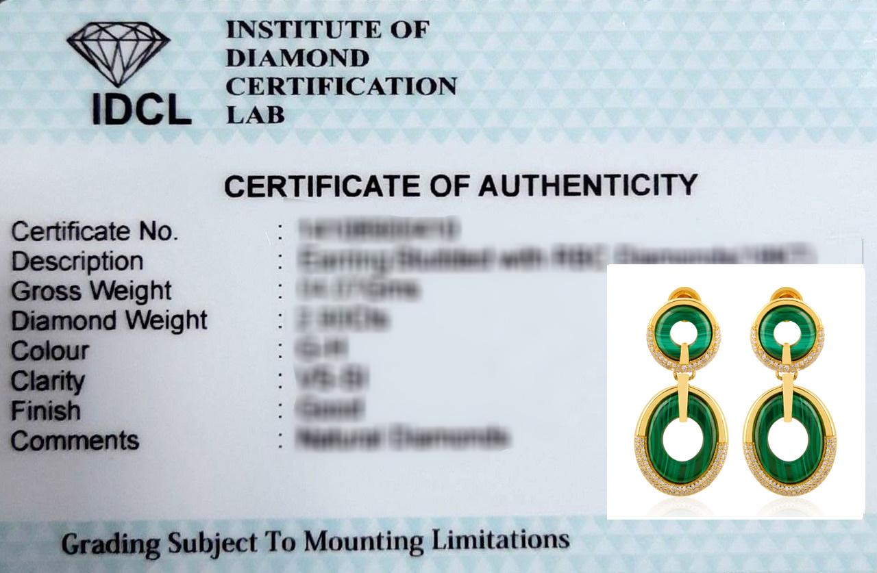 Solid 18k Yellow Gold Malachite Gemstone Dangle Earrings Pave Diamond Jewelry For Sale 1