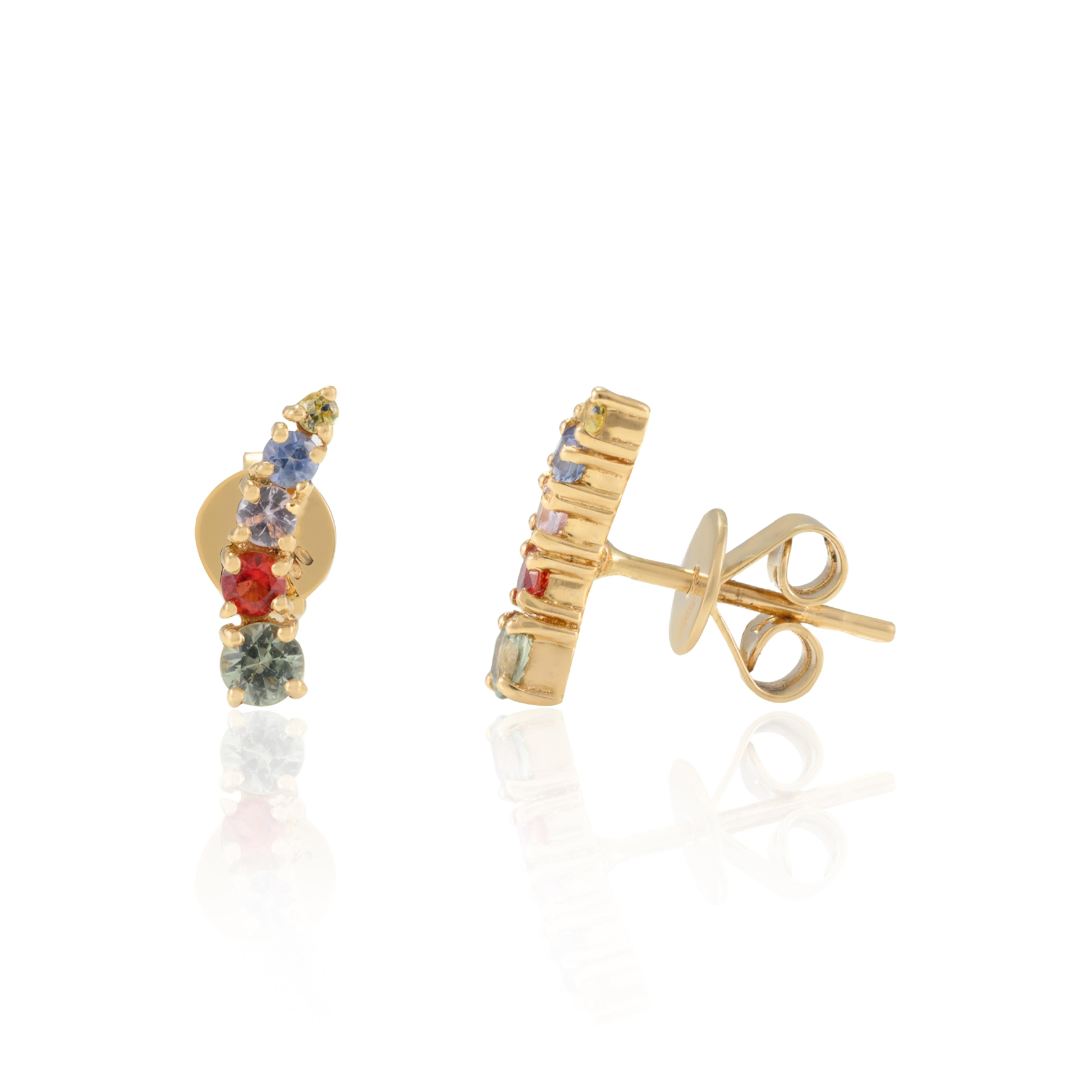 Solid 18k Yellow Gold Minimalist Multi Gemstone Pushback Climber Stud Earrings In New Condition For Sale In Houston, TX