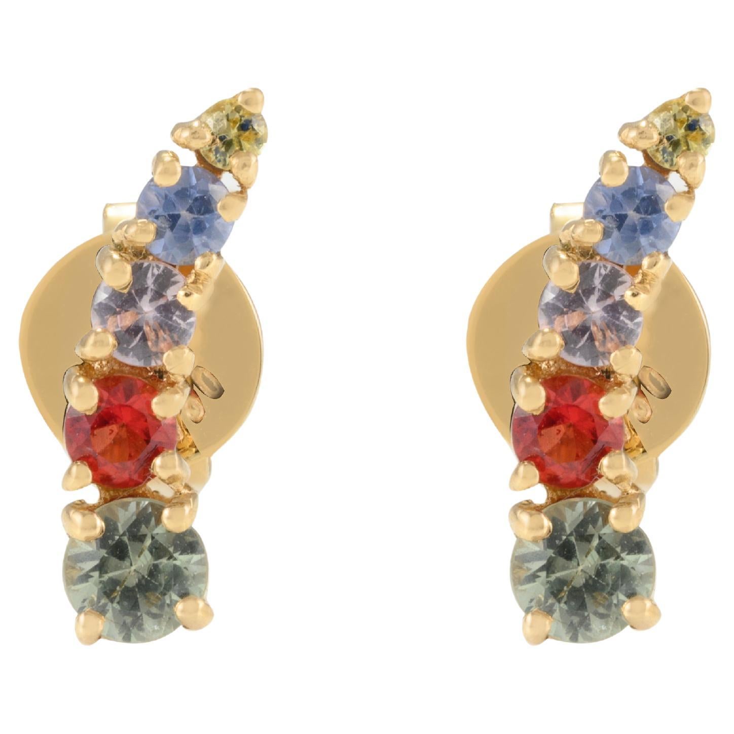 Solid 18k Yellow Gold Minimalist Multi Gemstone Pushback Climber Stud Earrings For Sale