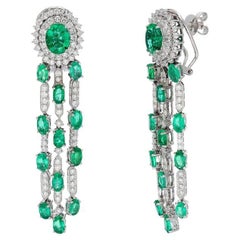 Solid 18k Yellow Gold Natural Diamond Chandelier Earring Oval Cut Emerald