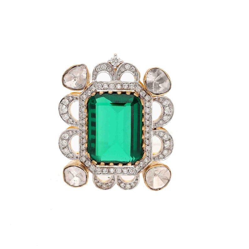 Women's Solid 18k Yellow Gold Natural Diamond Halo Pendant Natural Emerald Green Quartz