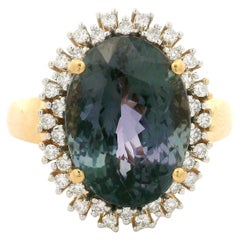 Solid 18k Yellow Gold Oval Iolite Diamond Flower Halo Cocktail Ring Solid 18k Yellow Gold Oval Iolite Diamond Flower Halo Cocktail Ring