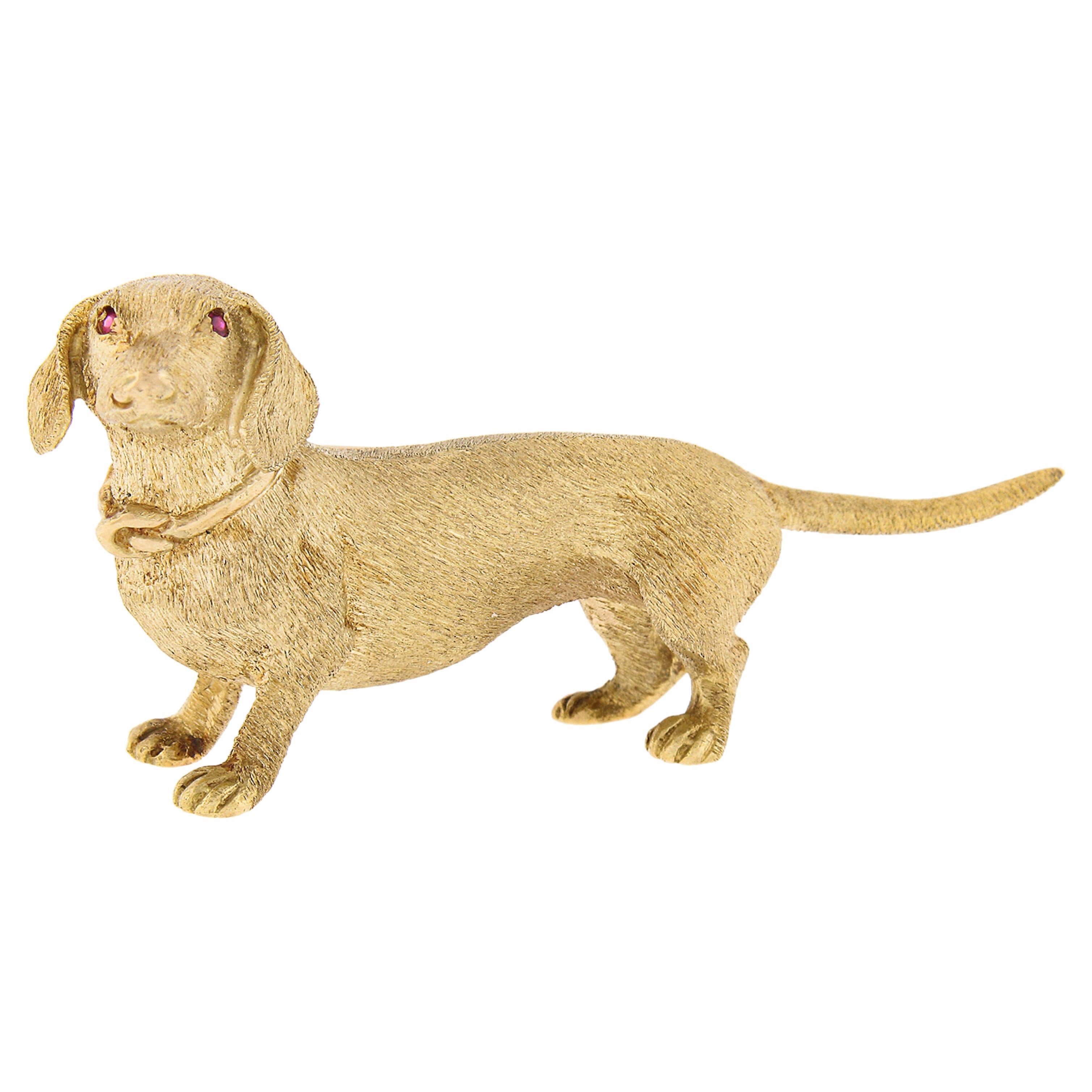 Solid 18k Yellow Gold Pave Ruby Detailed Textured Dachshund Dog Pin Brooch