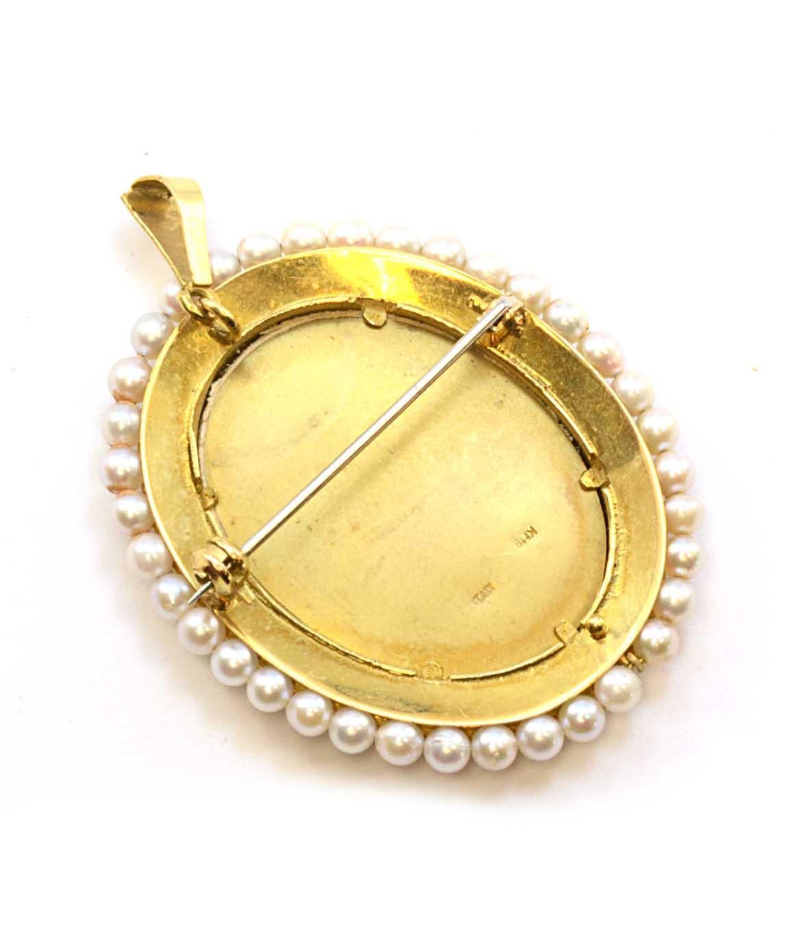 Women's or Men's Solid 18K Yellow Gold Pearl, Enamel, Hand Painted Portrait with Diamonds Brooch