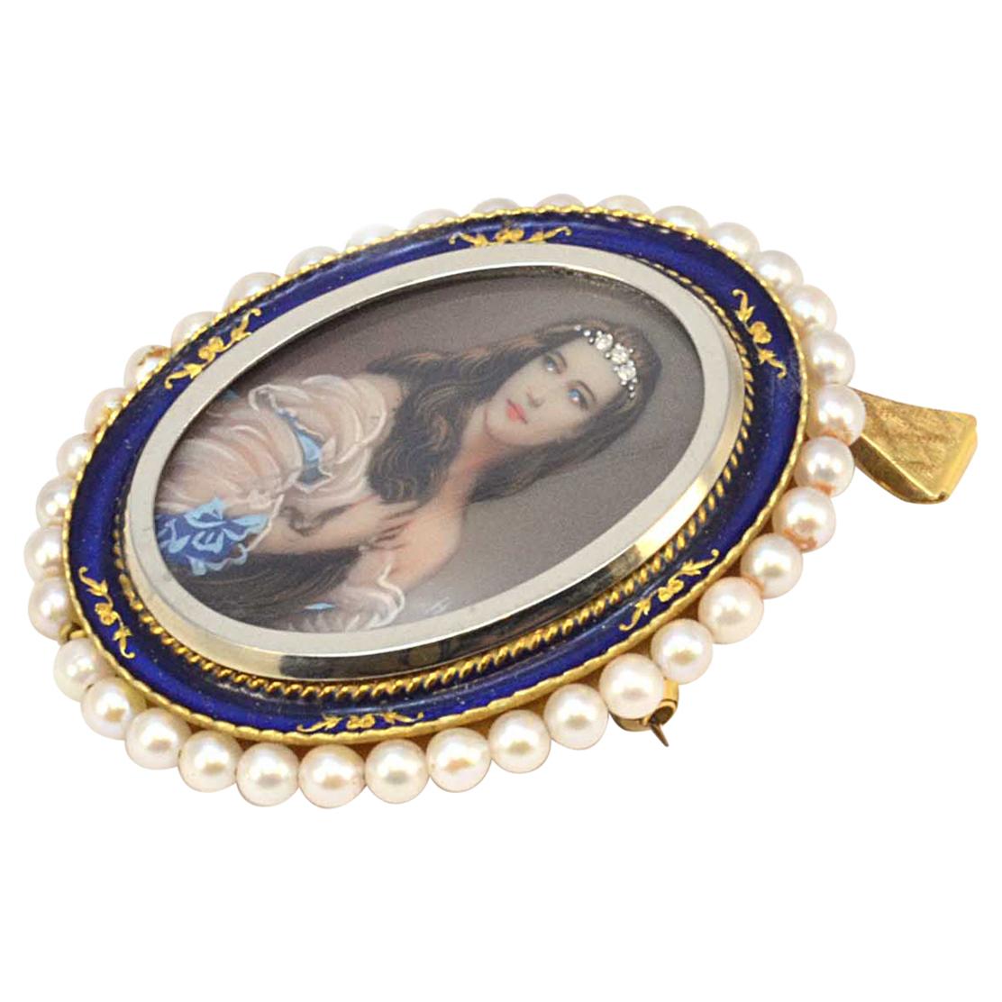Solid 18K Yellow Gold Pearl, Enamel, Hand Painted Portrait with Diamonds Brooch