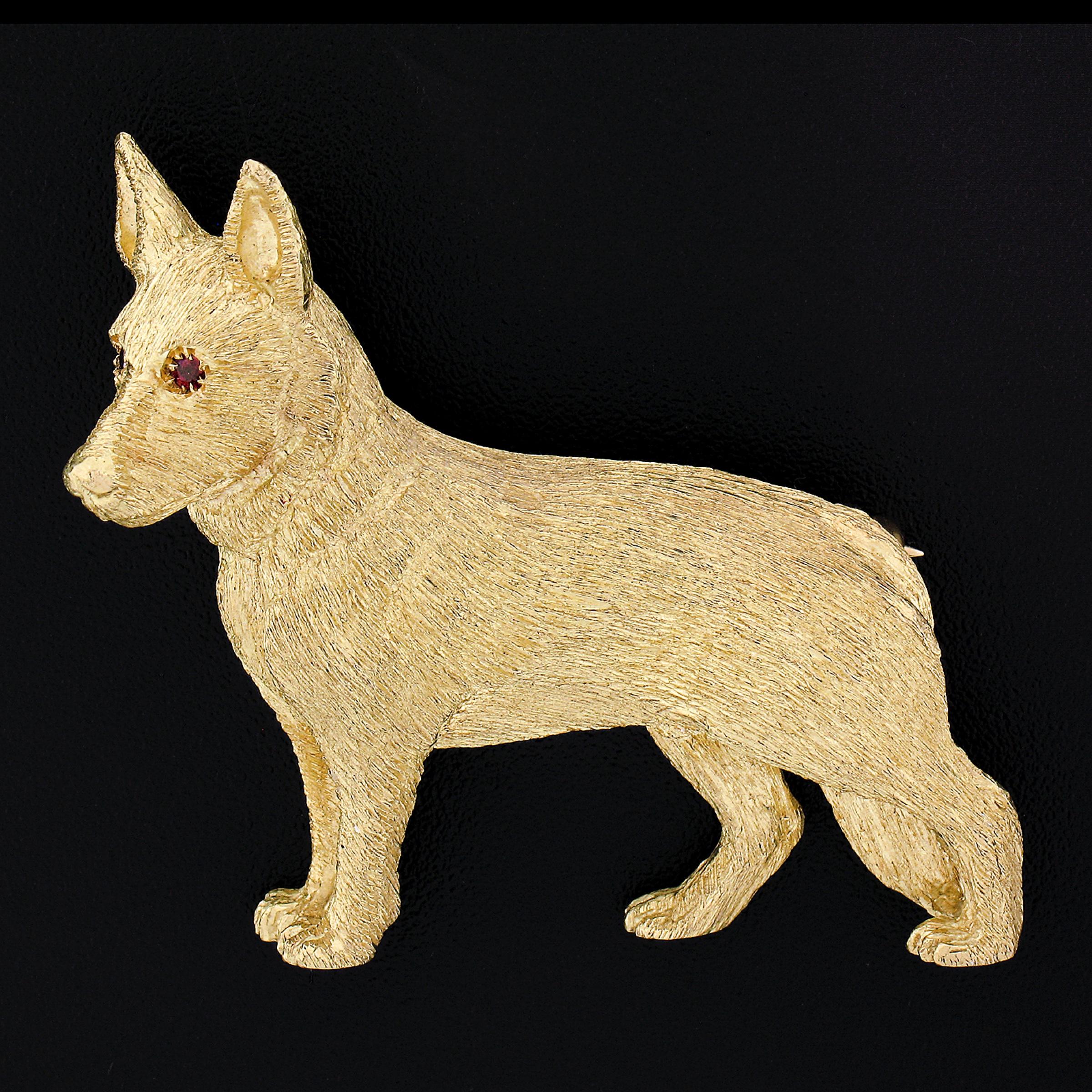Women's Solid 18K Yellow Gold Ruby Eye Detailed Textured German Shepherd Dog Pin Brooch