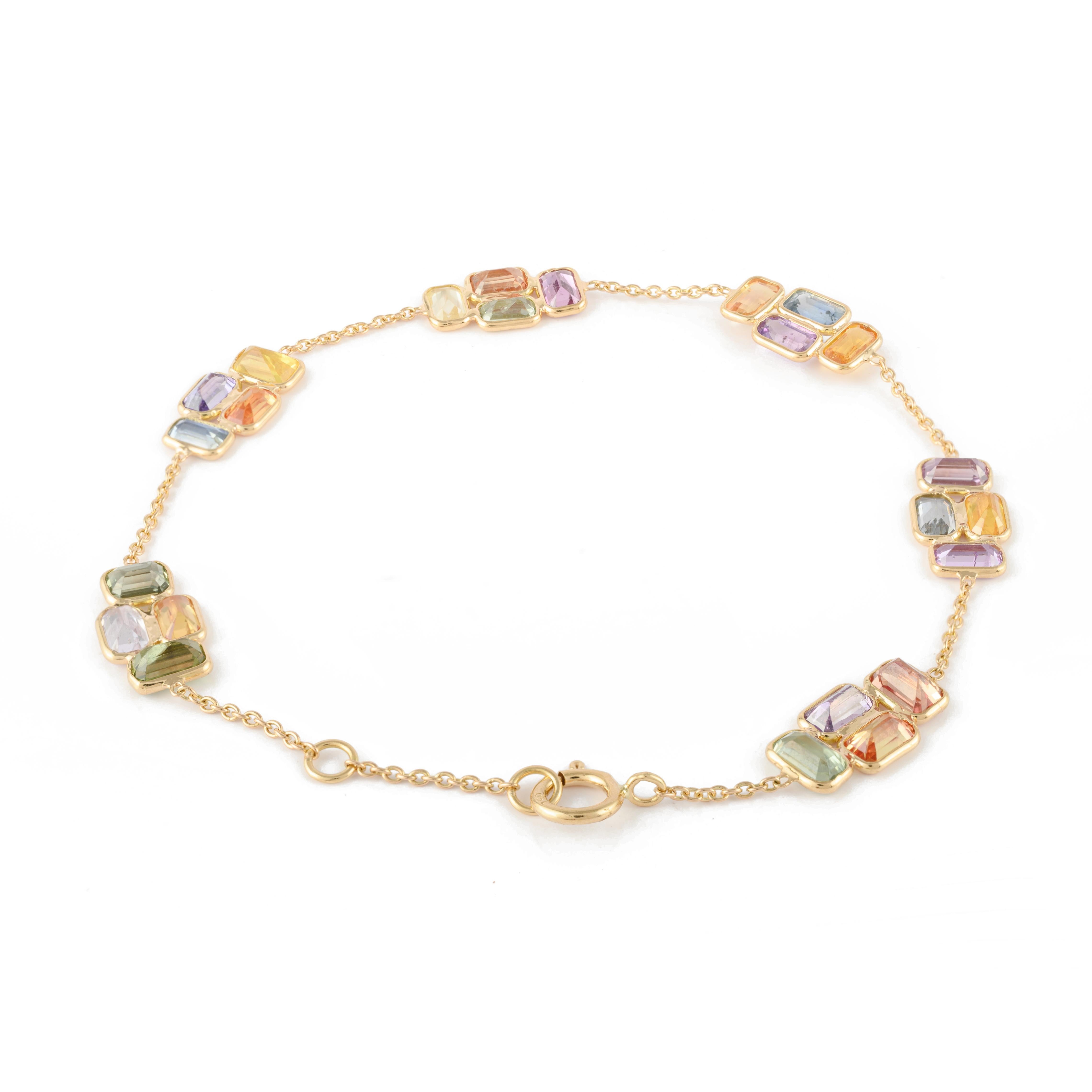 Octagon Cut Solid 18k Yellow Gold Multi Sapphire Women Chain Bracelet For Sale