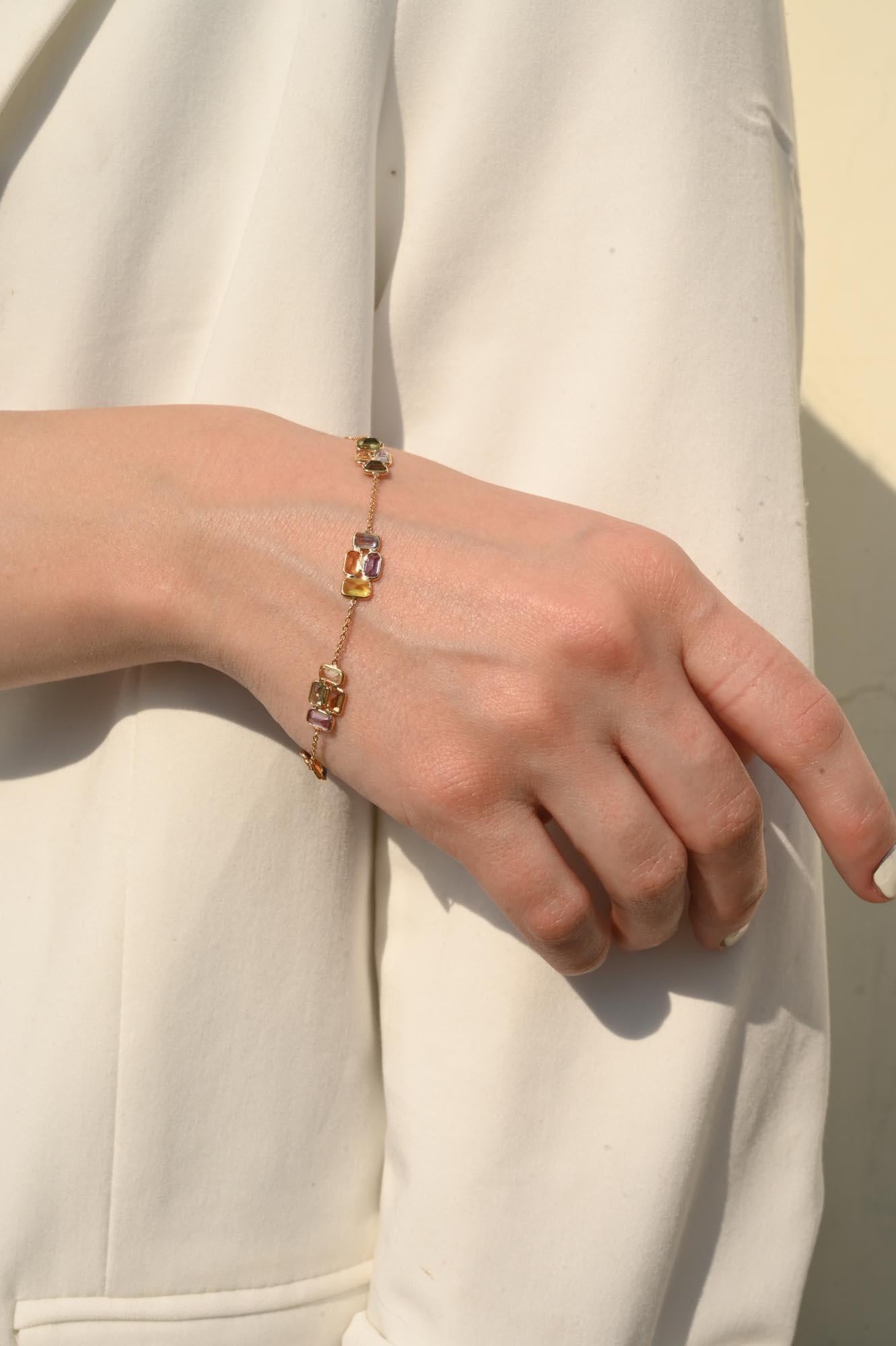 Solid 18k Yellow Gold Multi Sapphire Women Chain Bracelet For Sale 1