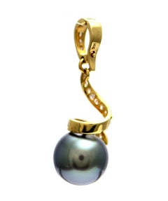 Solid 18 Karat Gold Tahitian Pearl and Genuine Diamond Spiral Pendant 4.8g