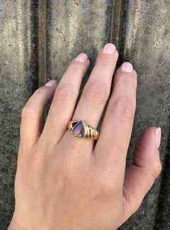 Solid 18k Yellow Gold Triangular Bezel Ammolite Polished Grooved Solitaire Ring