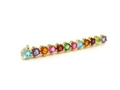 Solid 18k Yellow Gold Vivid Multi Color Natural Round Gemstones Bar Pin Brooch