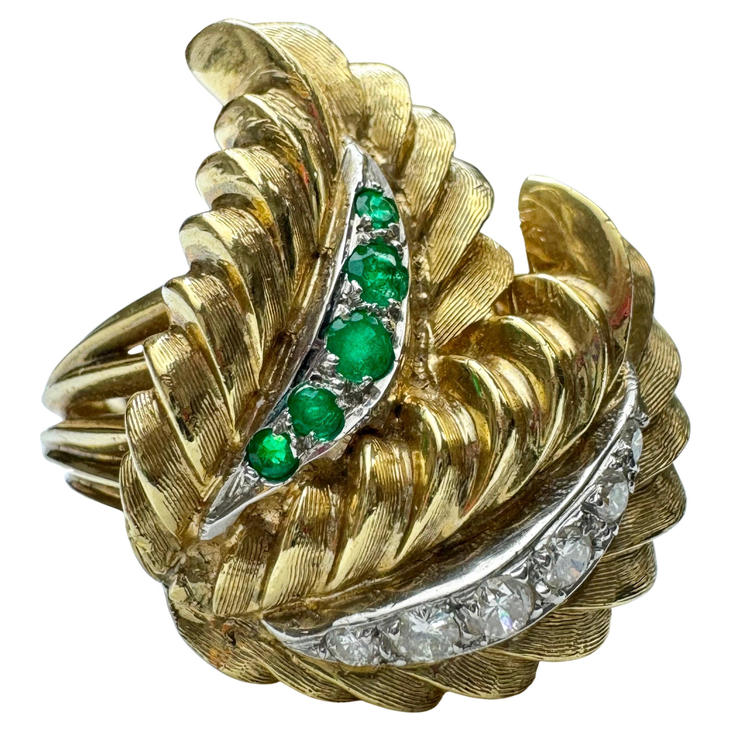 Solid 18k Yellow , Vintage Emerald and Diamond Ring For Sale