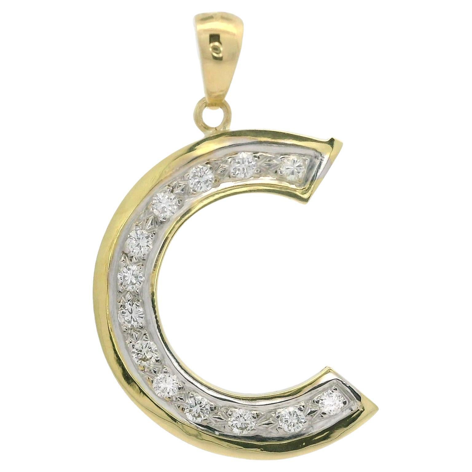 Solid 18k Yellow & White Gold 0.25ctw Diamond Initial "C" Charm Pendant For Sale