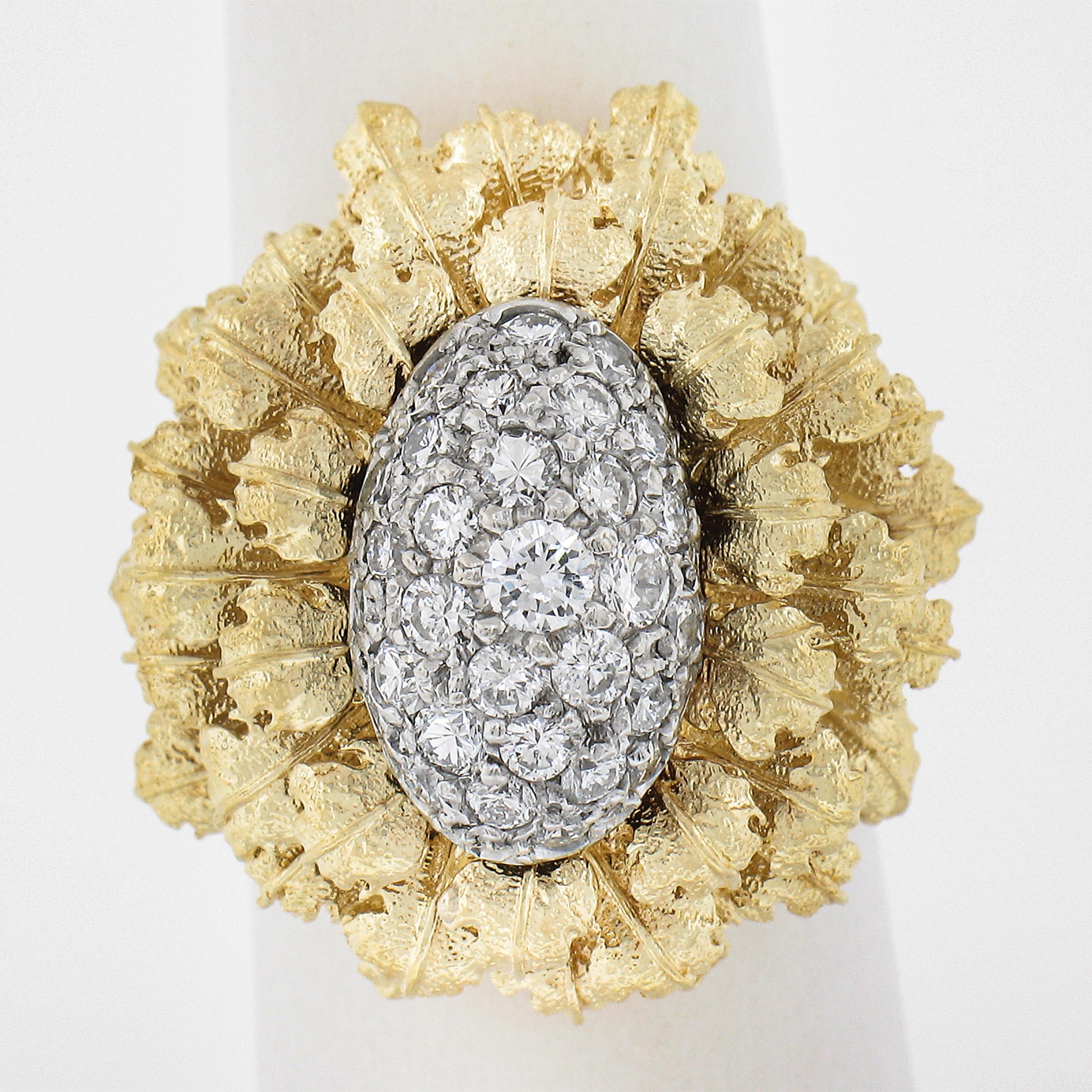--Stone(s):--
Numerous Natural Genuine Diamonds - Round Brilliant Cut - Pave Set - G/H Color - VS2-SI2 Clarity - 0.75ctw (approx.)

Material: Solid 18k Yellow Gold w/ White Gold Center
Weight: 16.28 Grams
Ring Size: 6.5 (Fitted on a finger. We can
