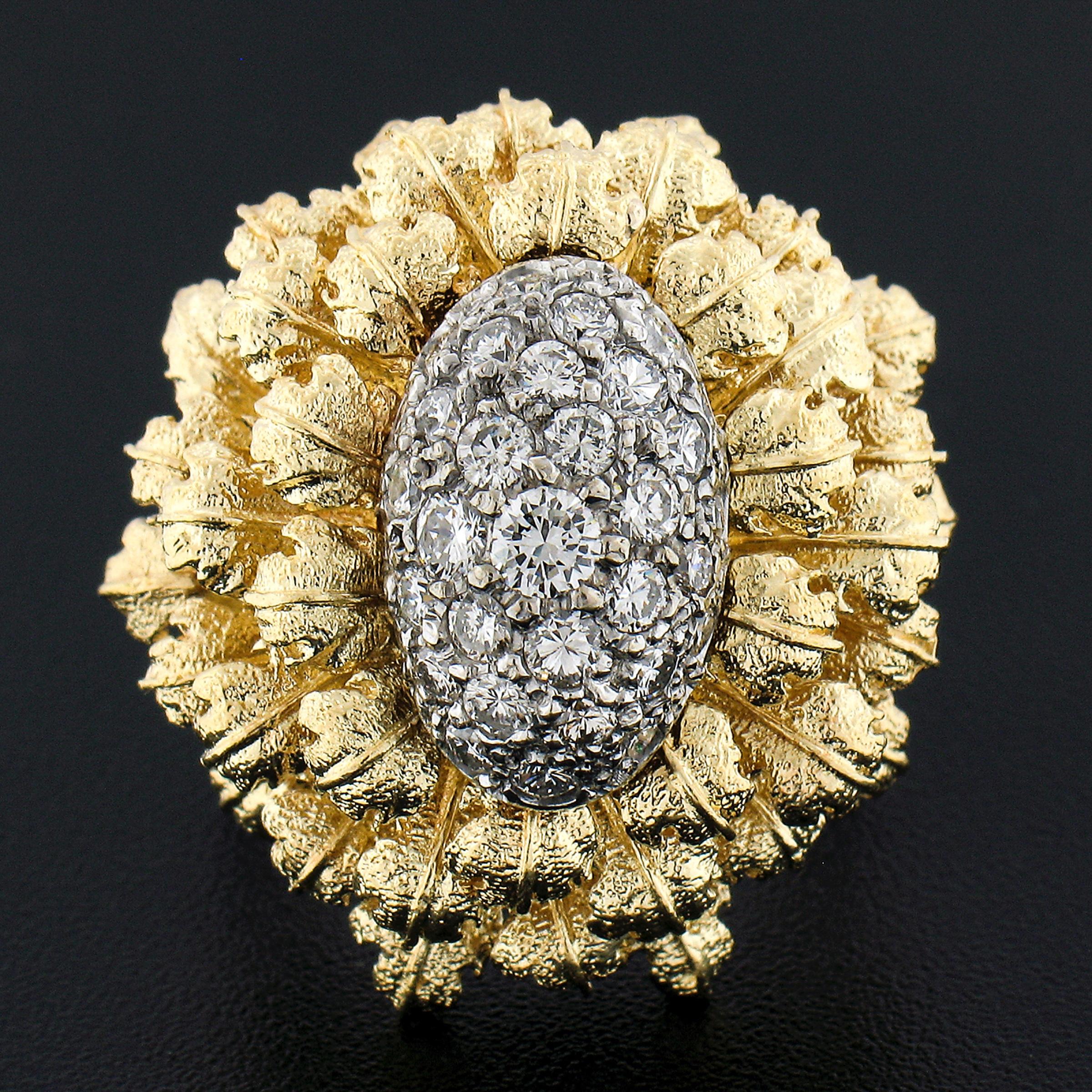 Round Cut Solid 18k Yellow & White Gold 0.75ct Pave Diamond Textured Floral Cocktail Ring