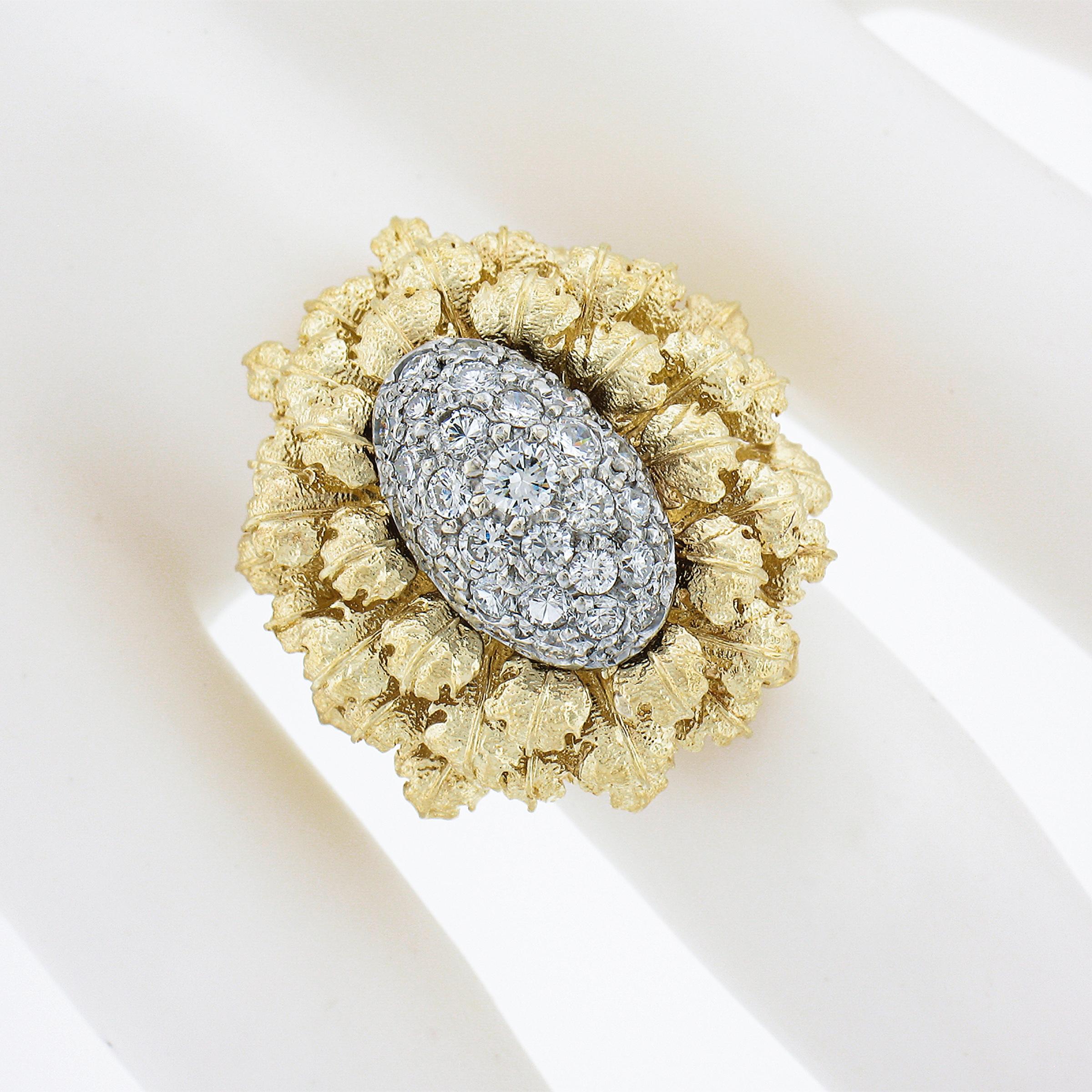 Solid 18k Yellow & White Gold 0.75ct Pave Diamond Textured Floral Cocktail Ring In Excellent Condition In Montclair, NJ