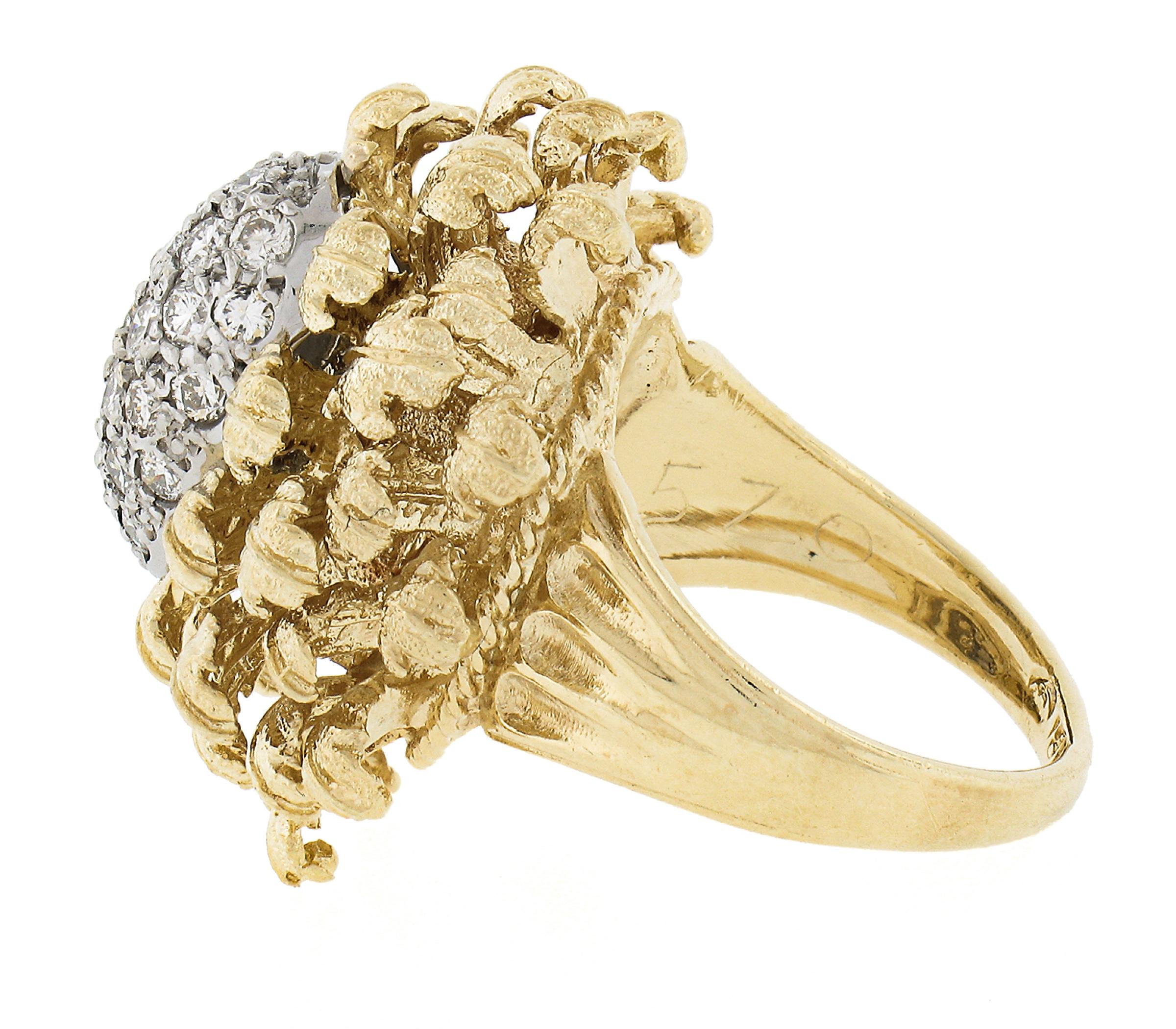 Women's Solid 18k Yellow & White Gold 0.75ct Pave Diamond Textured Floral Cocktail Ring