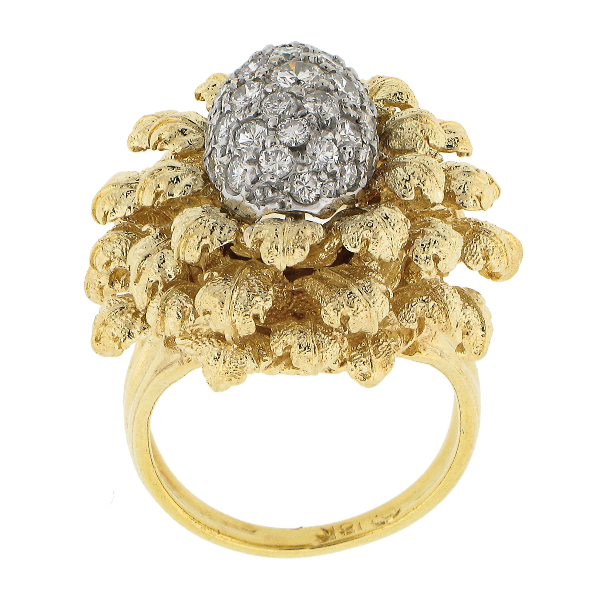 Solid 18k Yellow & White Gold 0.75ct Pave Diamond Textured Floral Cocktail Ring 3