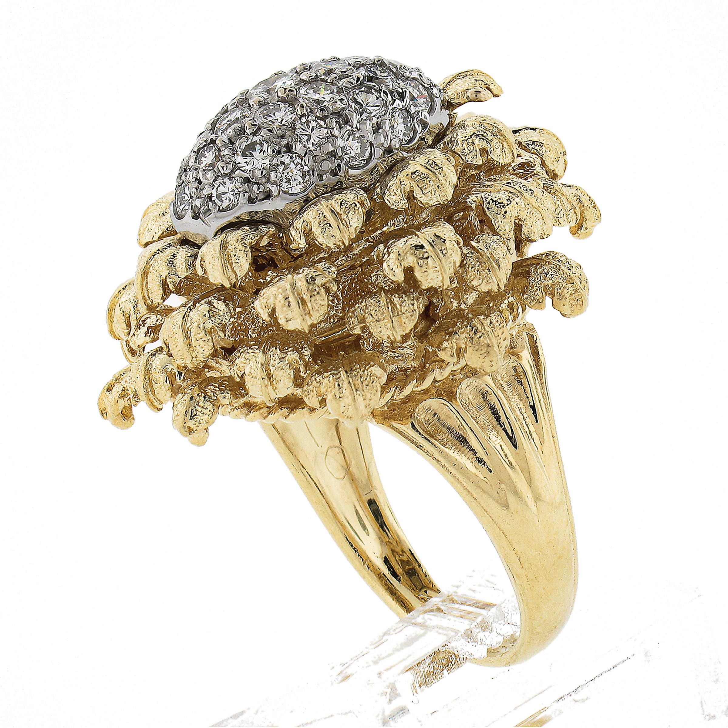 Solid 18k Yellow & White Gold 0.75ct Pave Diamond Textured Floral Cocktail Ring 4