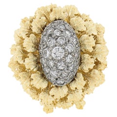 Solid 18k Yellow & White Gold 0.75ct Pave Diamond Textured Floral Cocktail Ring