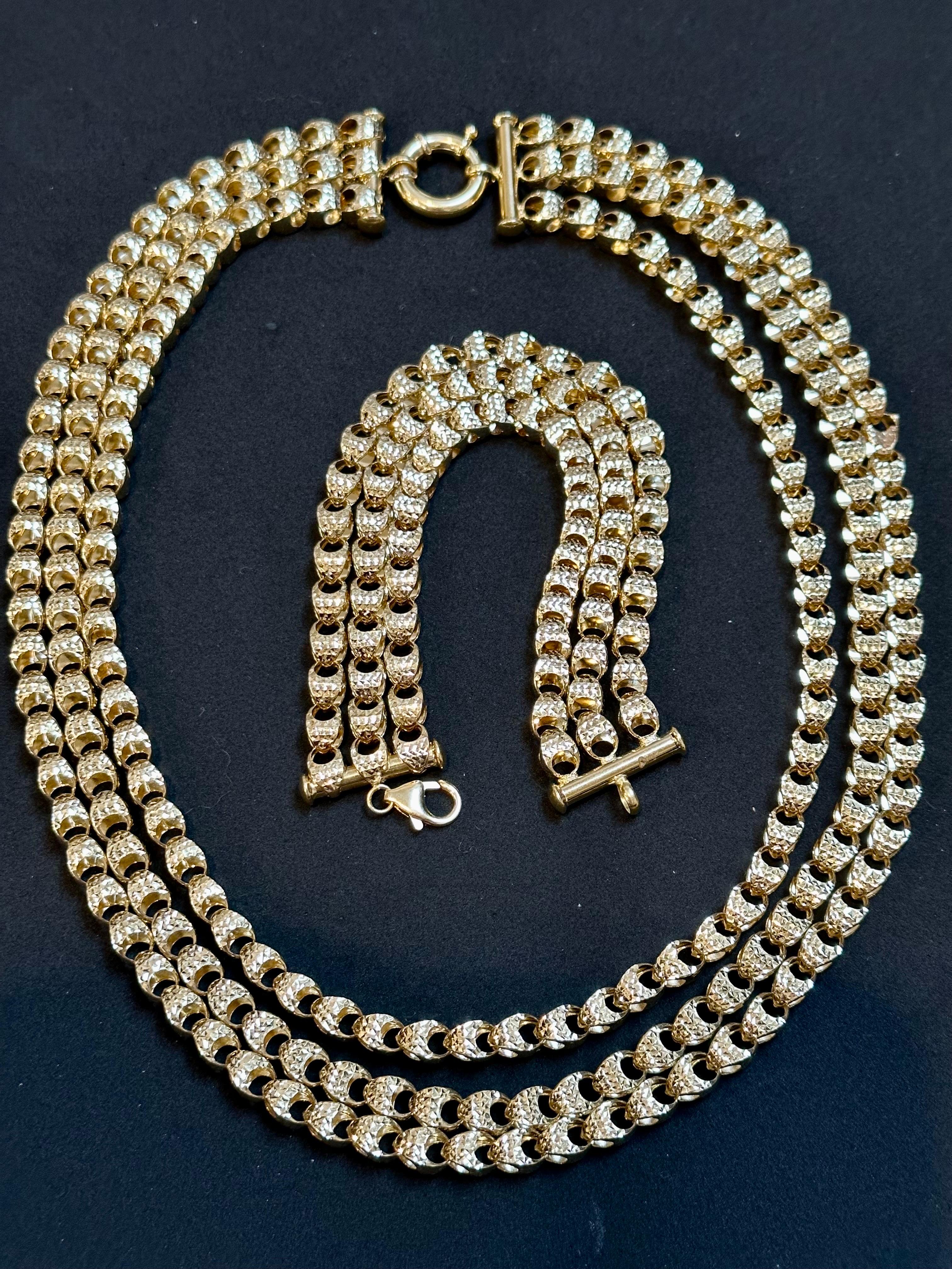 Massive 18 Karat Gelbgold Dreilagige Halskette & Armband mit Diamantschliff 6