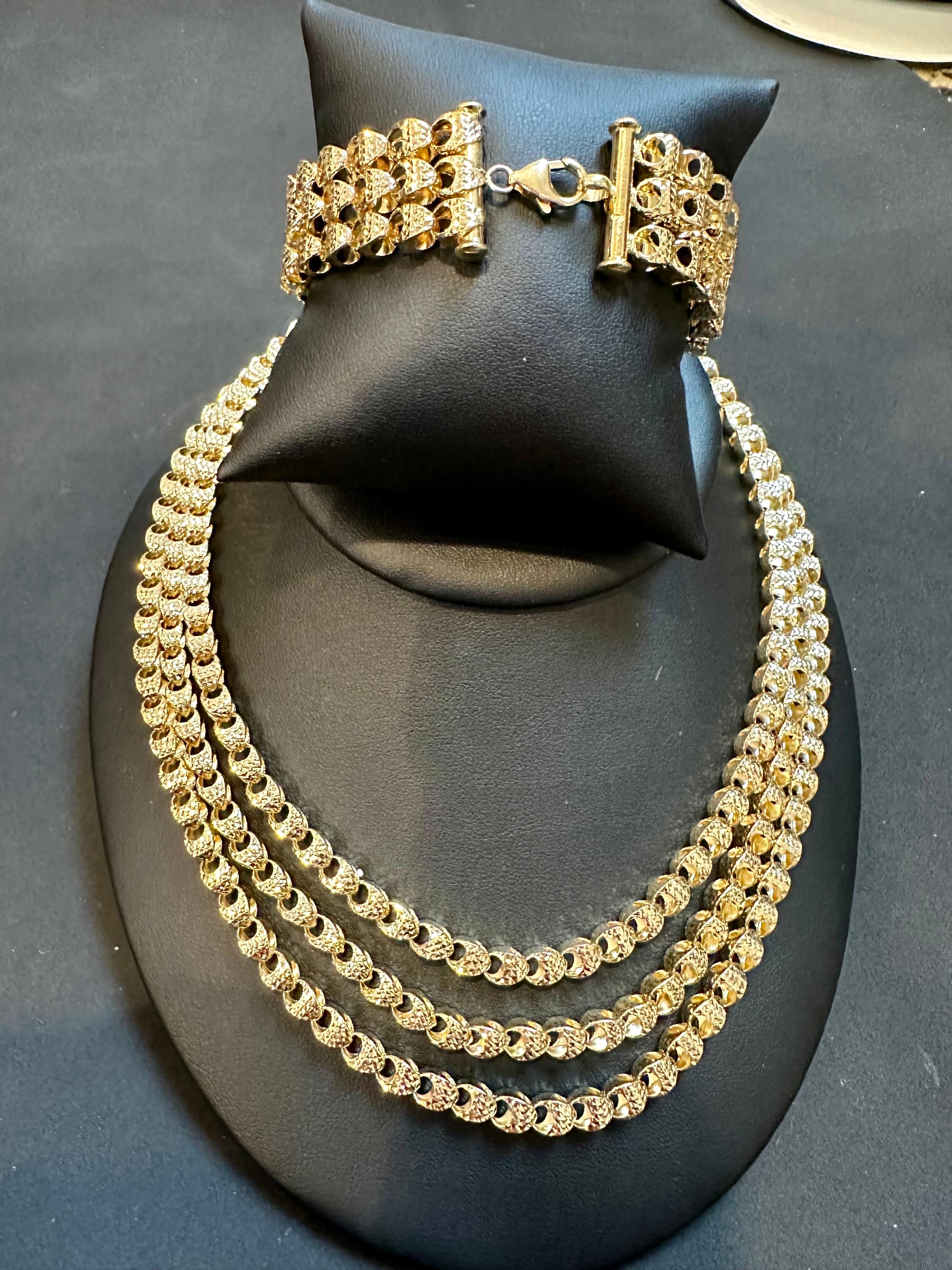 Massive 18 Karat Gelbgold Dreilagige Halskette & Armband mit Diamantschliff 8