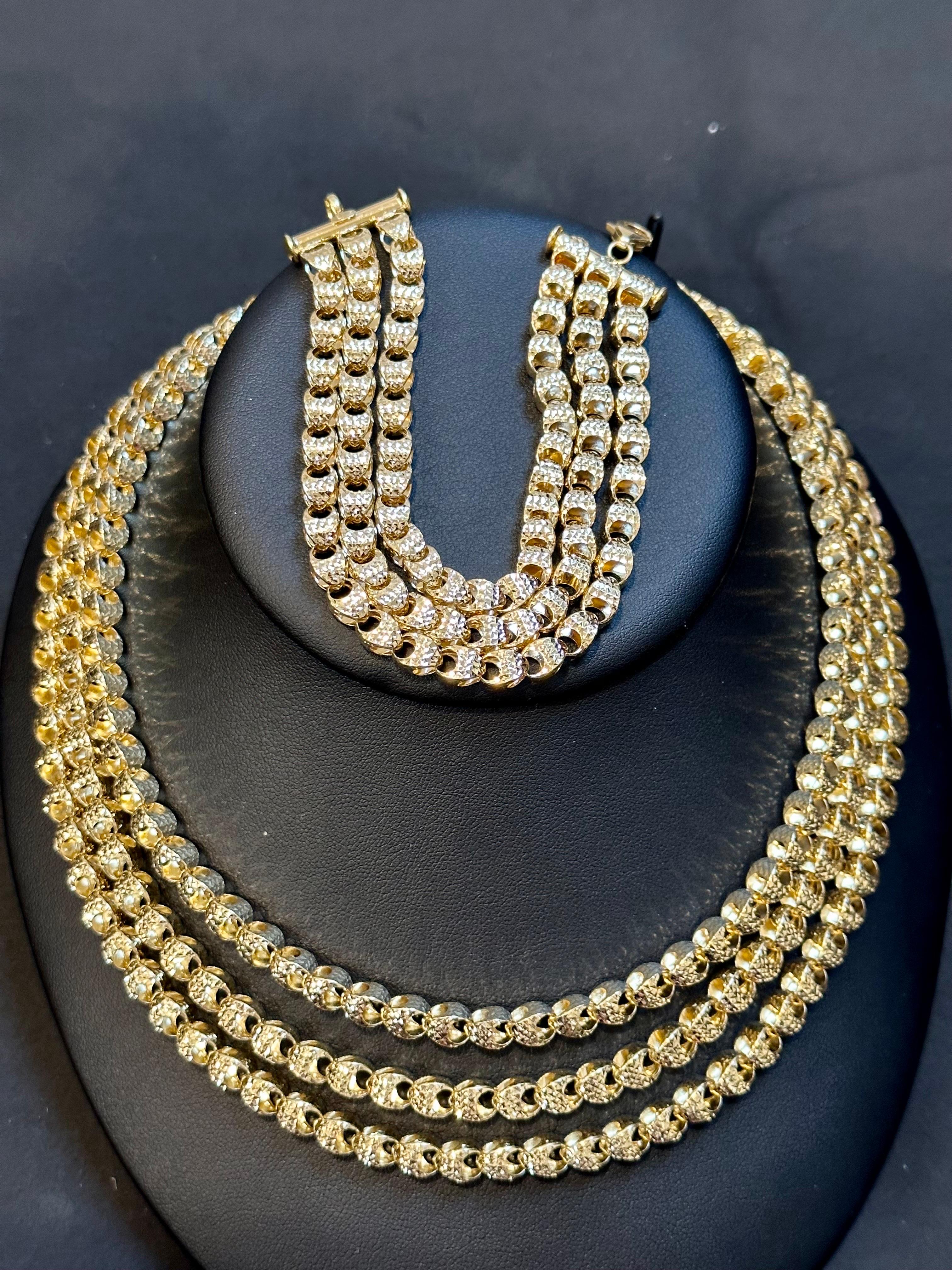 Massive 18 Karat Gelbgold Dreilagige Halskette & Armband mit Diamantschliff 10