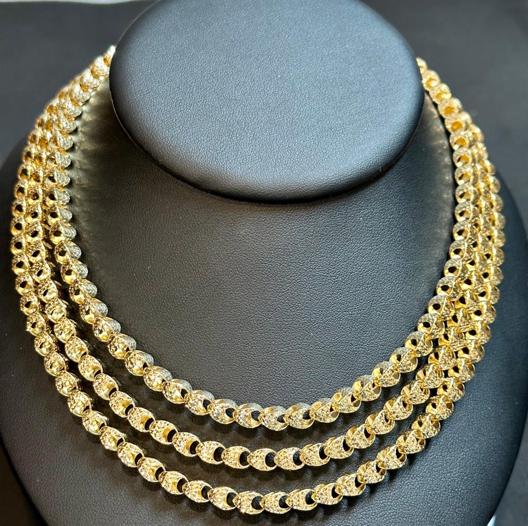 Solid 18 Karat Yellow Gold Triple Layer Diamond Cut Necklace and
