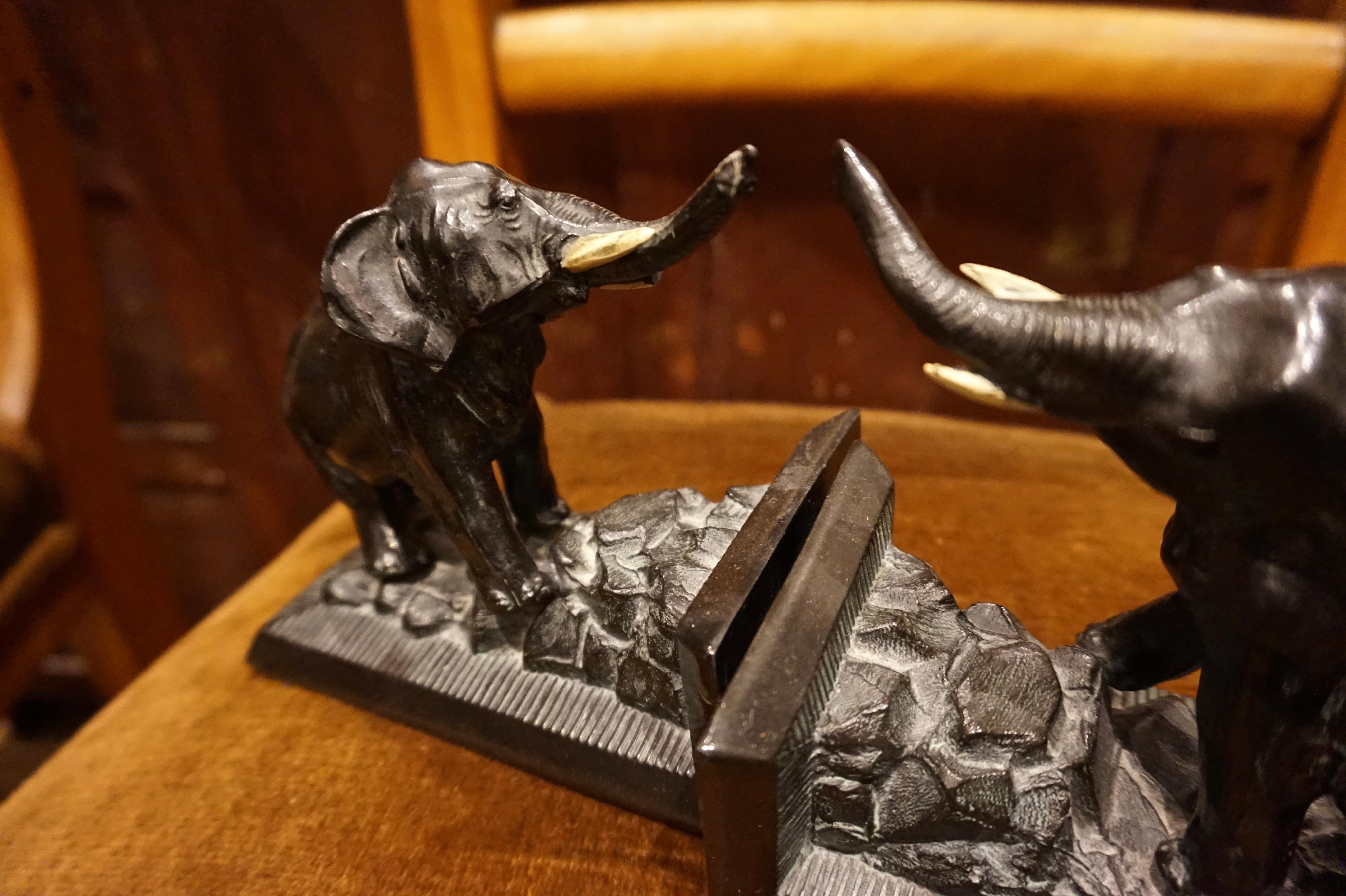 North American Solid 1920s Metal Heavy Cast Hand Painted Elephant Bookends Stamped Realism