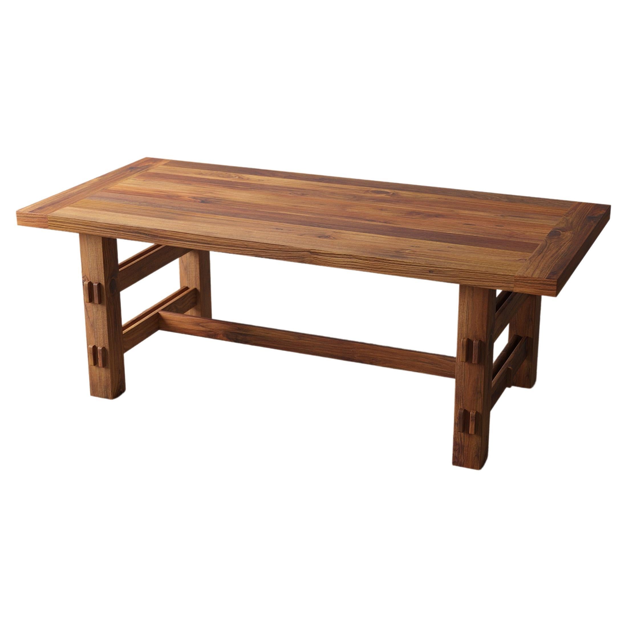 Solid 2" Teak Modern Rustic Dining Table in a Smooth Natural Finish For Sale
