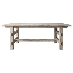 Tavolo da pranzo rustico moderno in teak massiccio da 2" con finitura sabbiata e sbiancata al sole