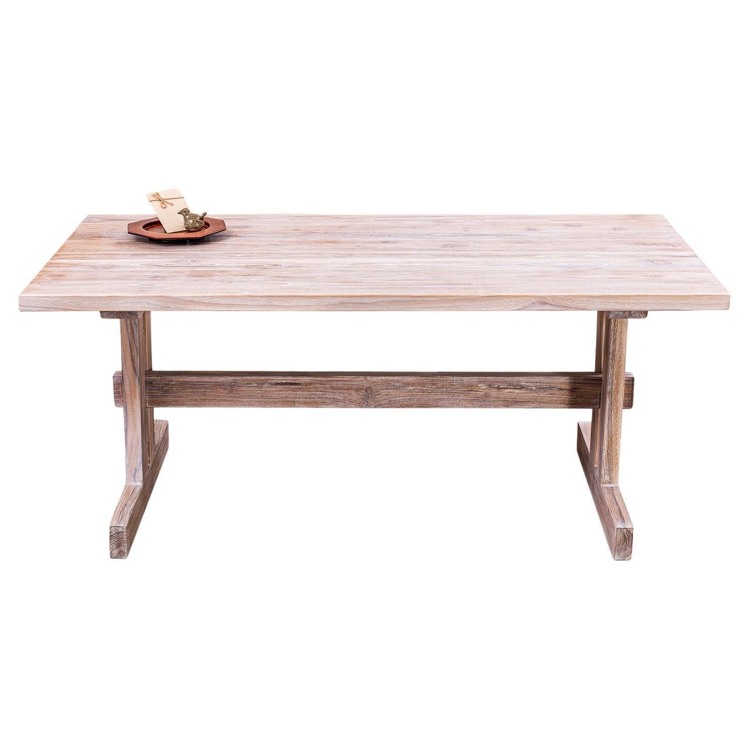Solid 2" Teak Modern Rustic Dining Table in Sandblasted Sun Bleached Finish For Sale