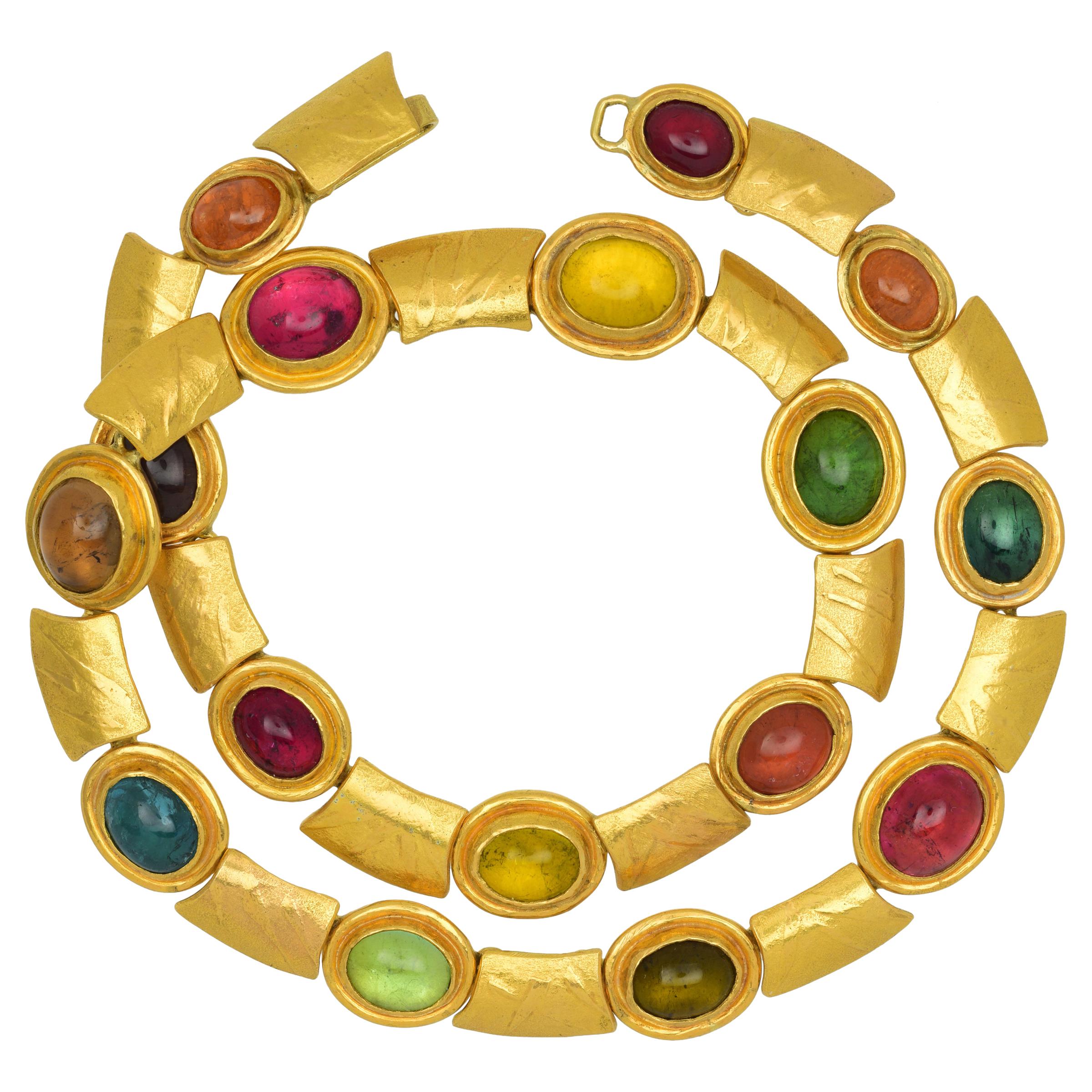 Solid 22 and 18 Karat Yellow Gold Necklace with Rainbow Tourmalines