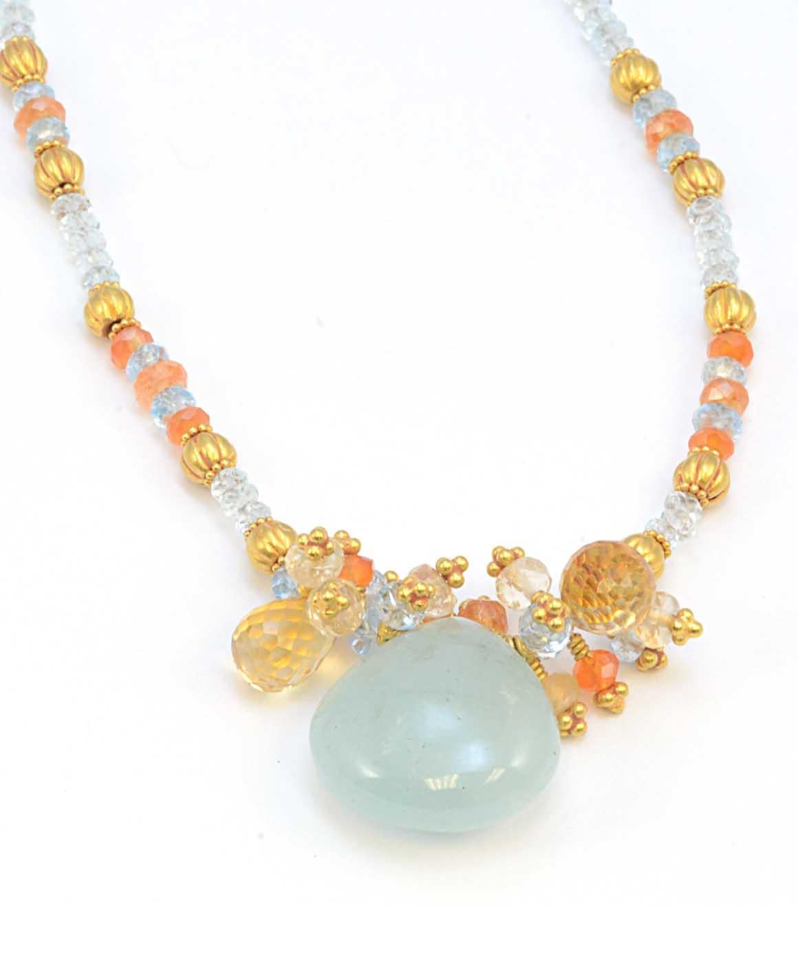 Women's or Men's Solid 22 Karat Yellow Gold Genuine Aquamarine and Natural Citrine Necklace 17.1g