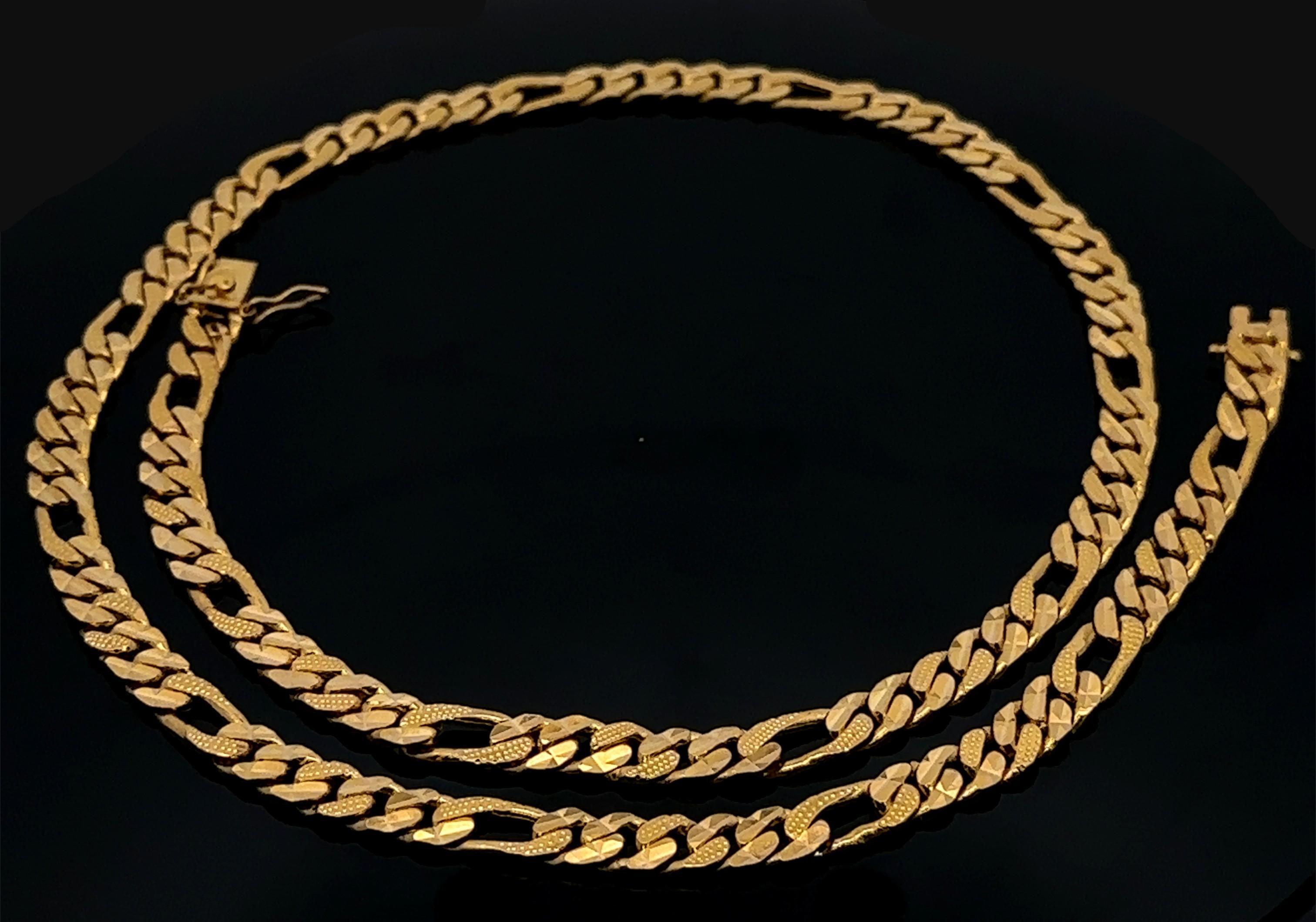 Material: Solid 22K Yellow Gold
Weight: 90.73 Grams 
Type: Figaro Link Chain w/ Diamond Cut Textured Finish
Length: 23.5