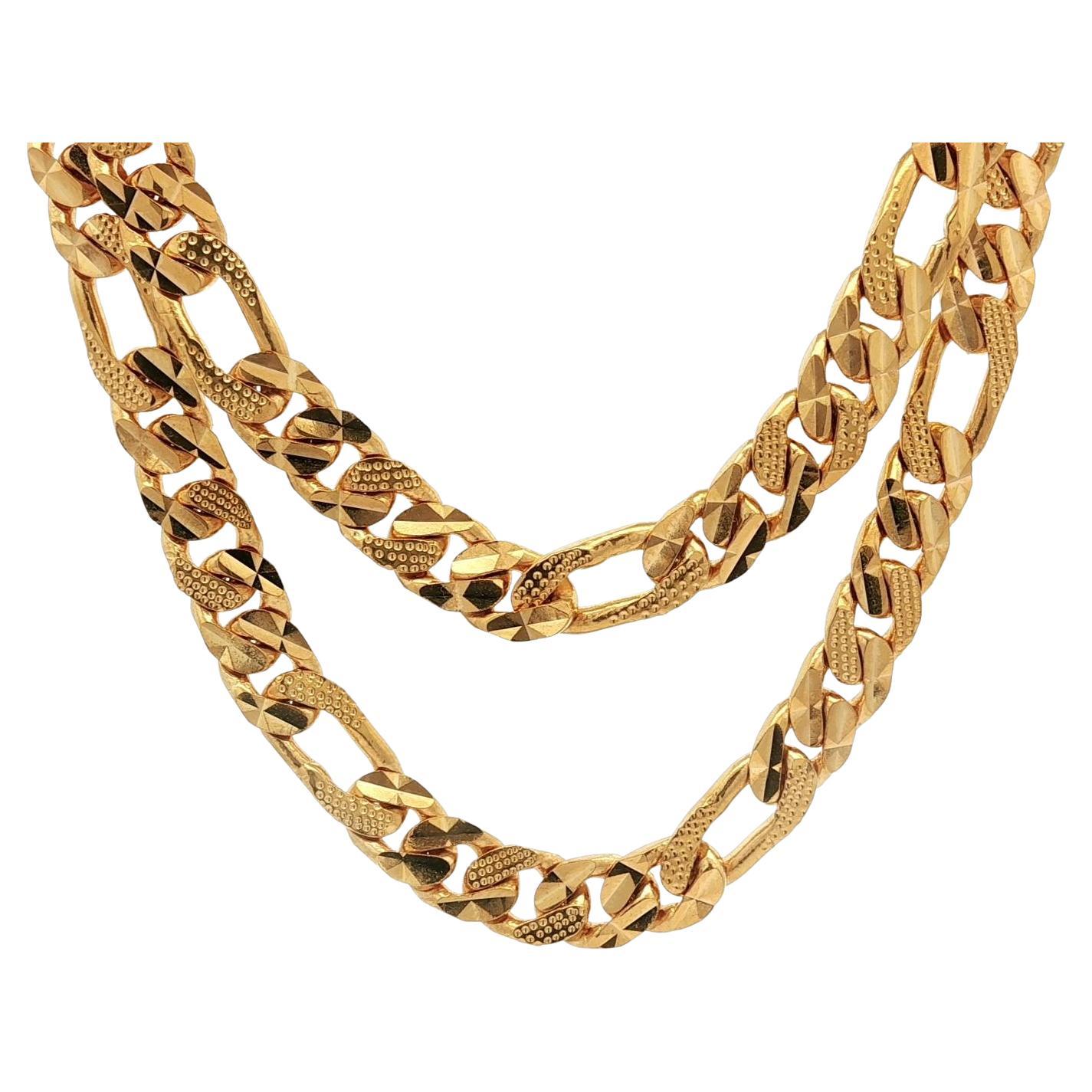 Solid 22k Yellow Gold 23.5" Diamond Cut Textured Finish Figaro Link Necklace For Sale