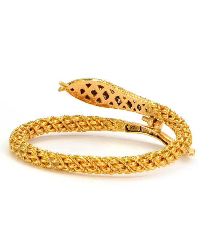 Solid 22 Karat Gold Textured Snake Bangle with Genuine Diamonds and