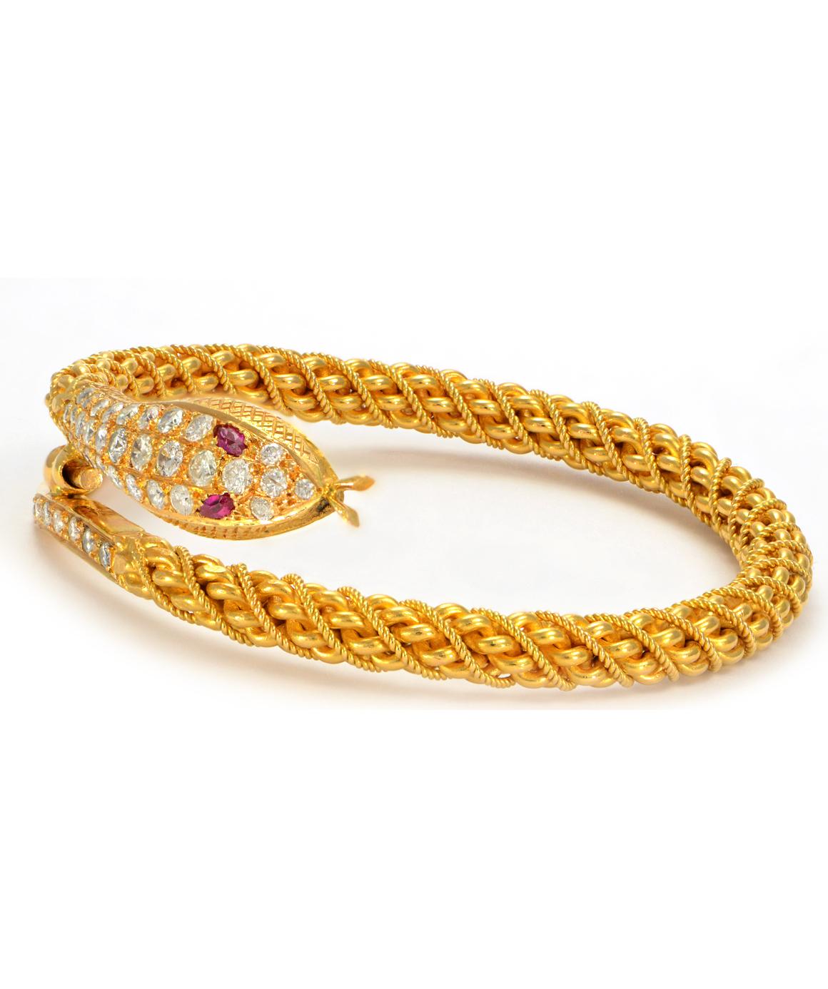 Women's or Men's Solid 22 Karat Gold Textured Snake Bangle with Genuine Diamonds and Ruby 62.2g