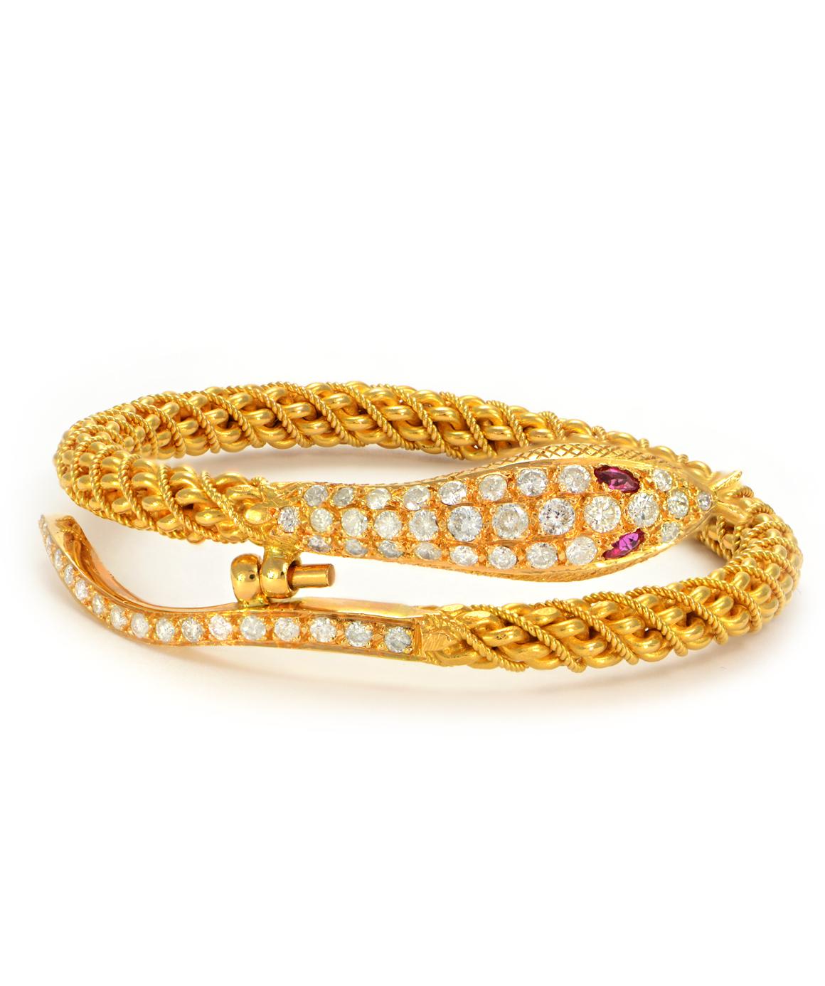 Solid 22 Karat Gold Textured Snake Bangle with Genuine Diamonds and Ruby 62.2g 1