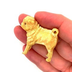 Solid 3D Full Figure Standing Pug Dog 18k Yellow Gold Brooch