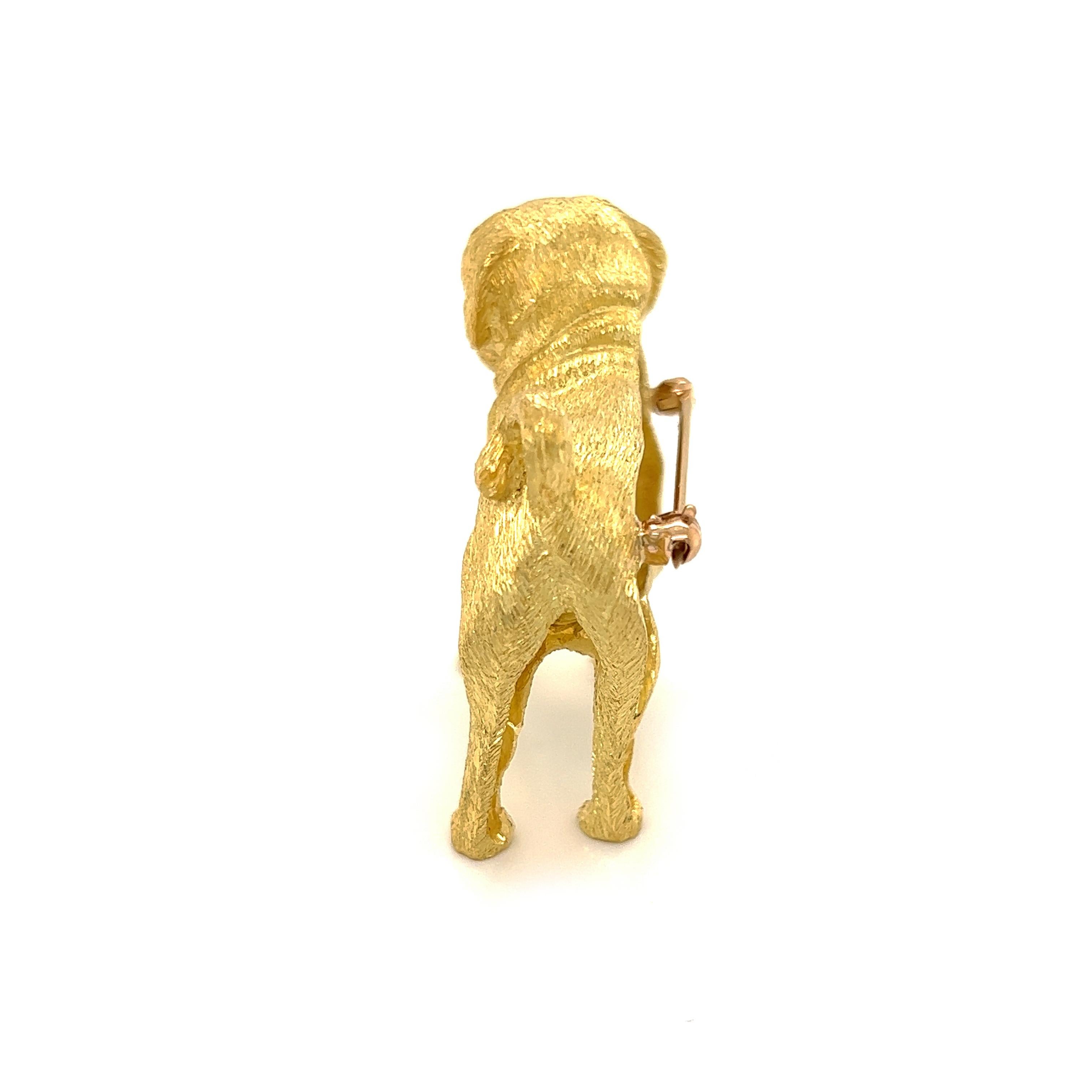 Modern Solid 3D Full Figure Standing Pug Dog 18k Yellow Gold Brooch For Sale