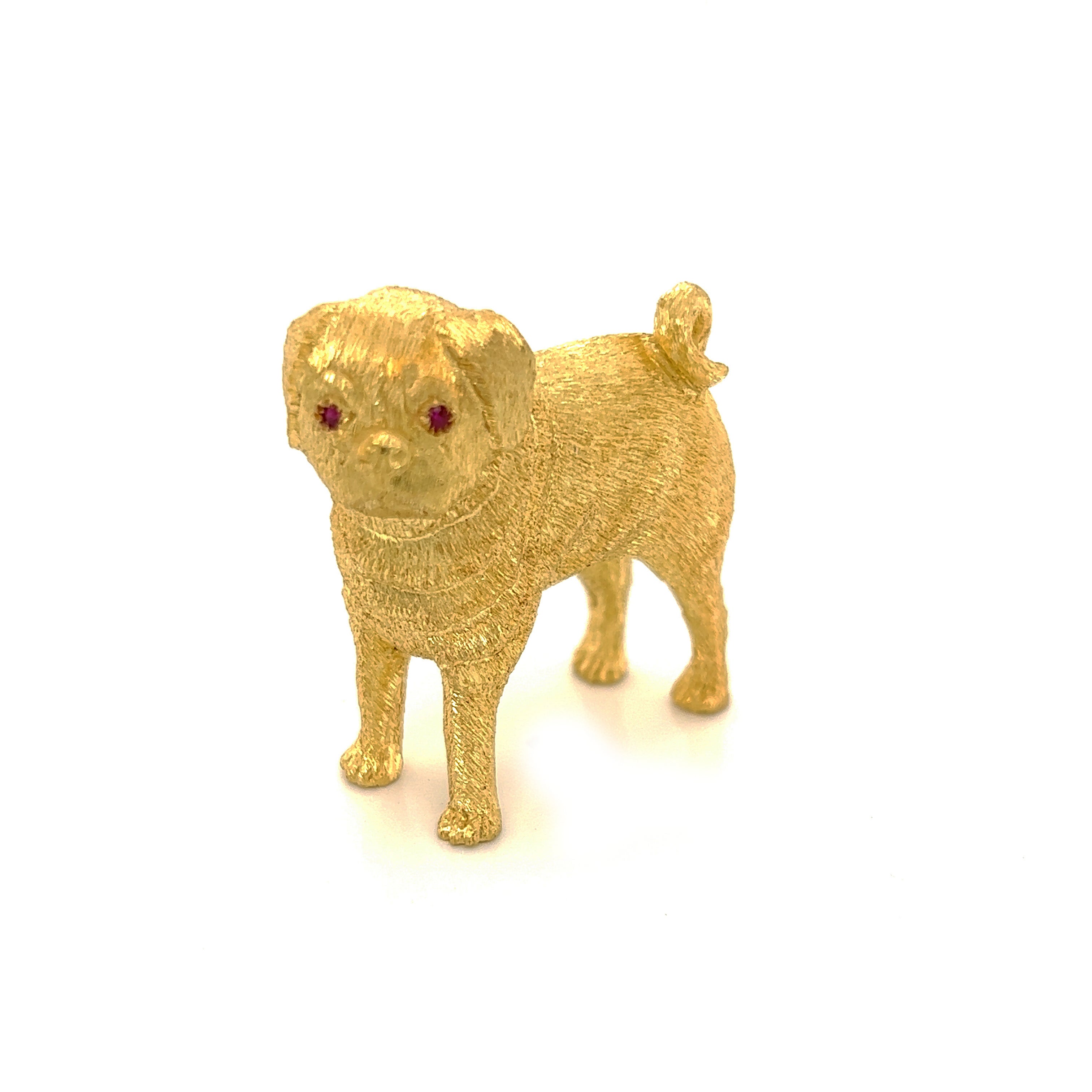 Solid 3D Full Figure Standing Pug Dog 18k Yellow Gold Brooch For Sale