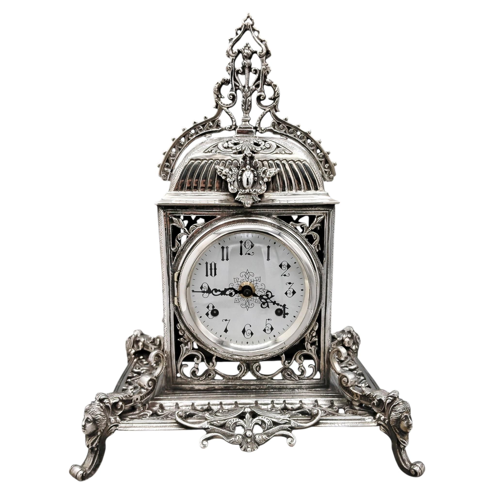 Solid 800 Italian Silver Baroque-style table clock with mechanical movement