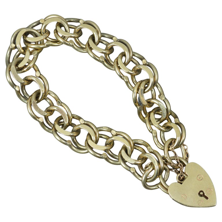 Solid 9 Carat Gold Long Double Curb Bracelet and Padlock Clasp For Sale